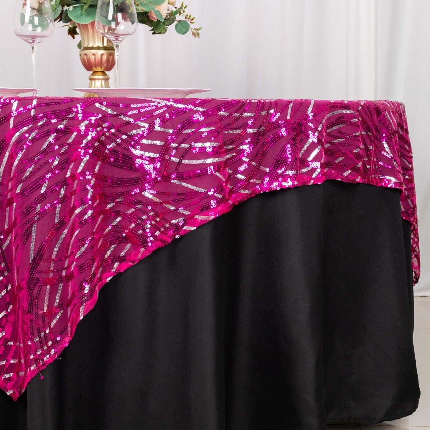 Mesh 72"x72" Table Overlay Square Tablecloth Fuchsia Silver - Wave Embroidered Sequins Table Topper