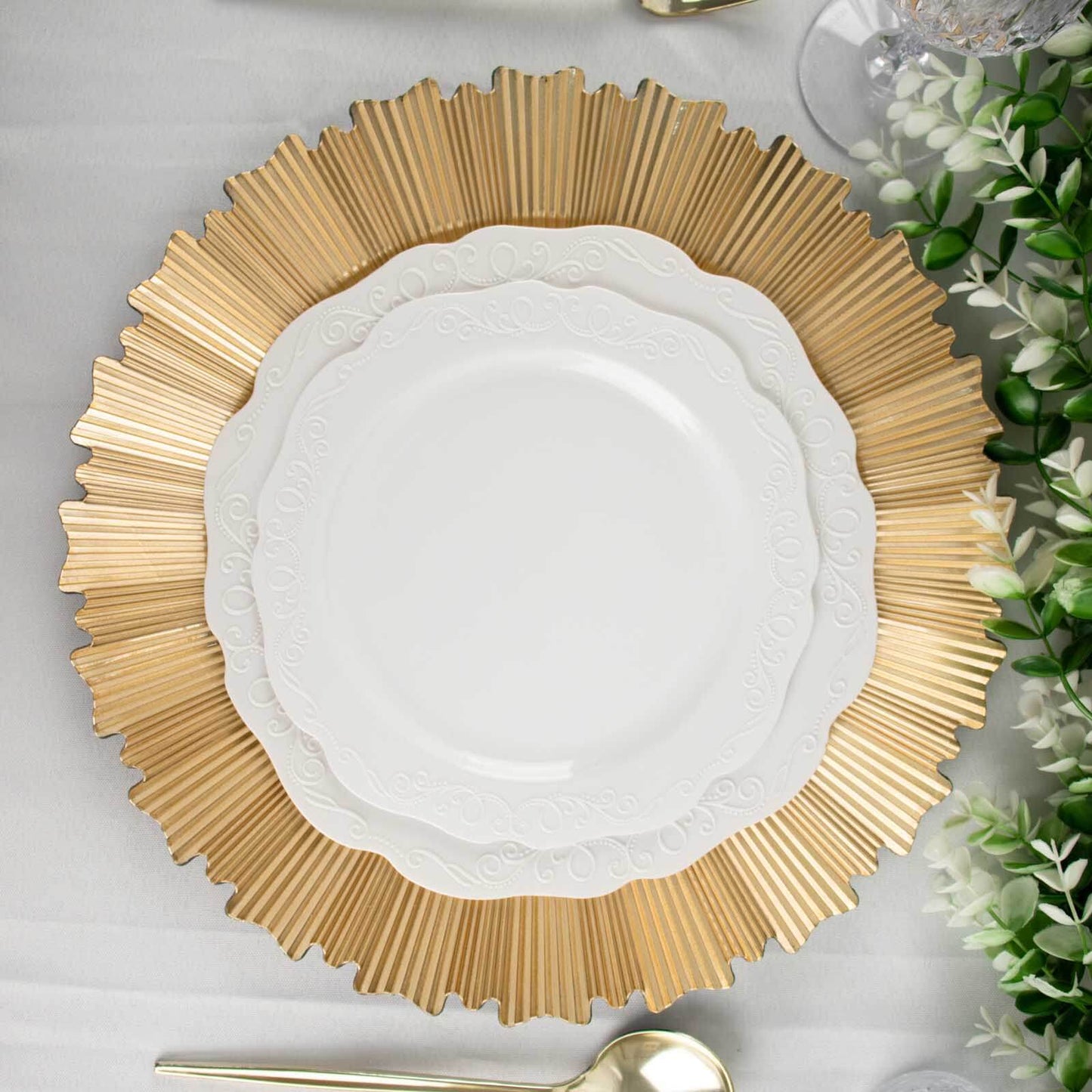 6-Pack Acrylic Plastic Round Charger Plates 13" in Metallic Gold with Sunray Scalloped Rim, Decorative Dinner Party Charger Tableware