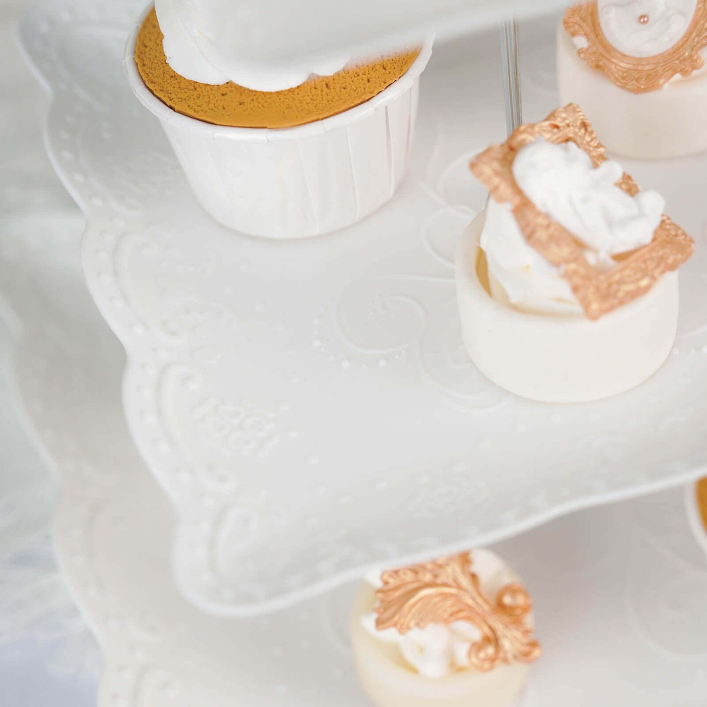 3-Tier Plastic Square Cupcake Stand Tower White - Charming Easy to Assemble Dessert Display Serving Tray Platter with Floral Embossed Scalloped Rim & Silver Handle for Tea Parties Weddings & Special Occasions 13"