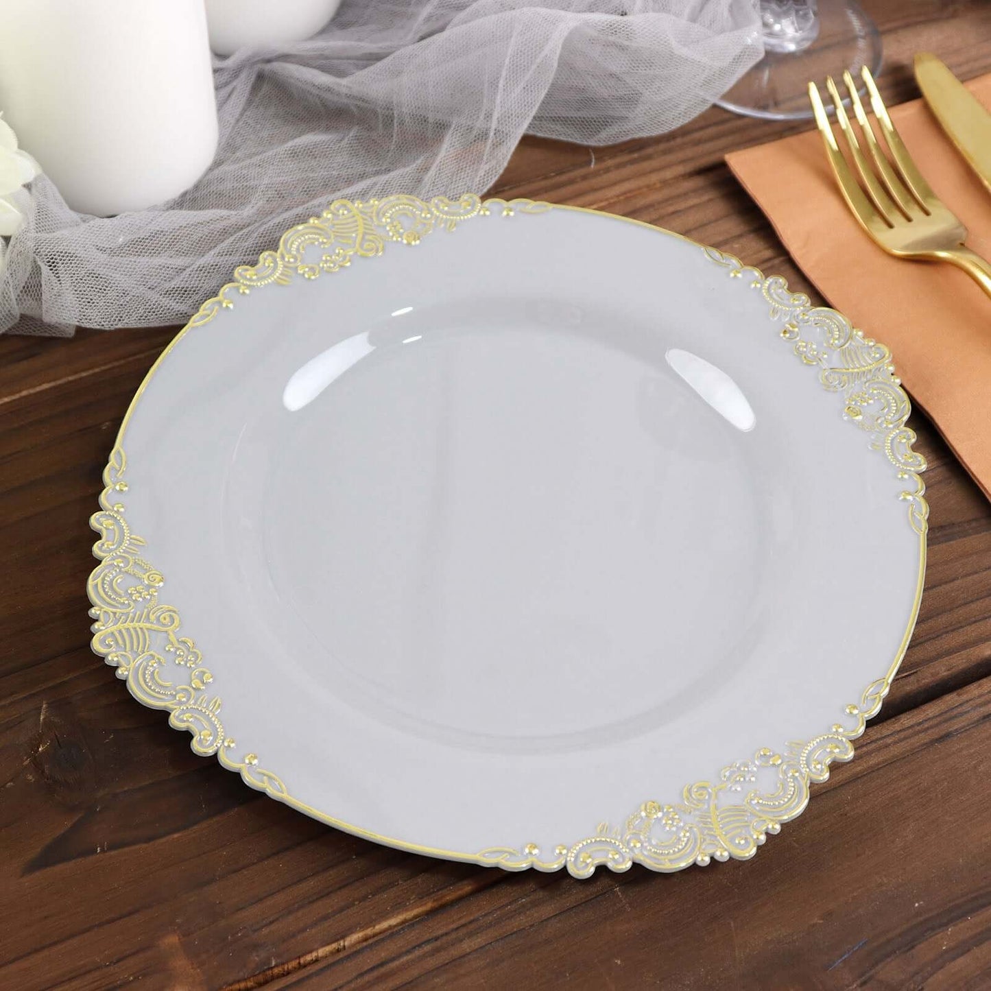 10-Pack Plastic 8" Round Dessert Plates in Gray with Gold Leaf Embossed Rim - Disposable Vintage Baroque Style Salad Plates