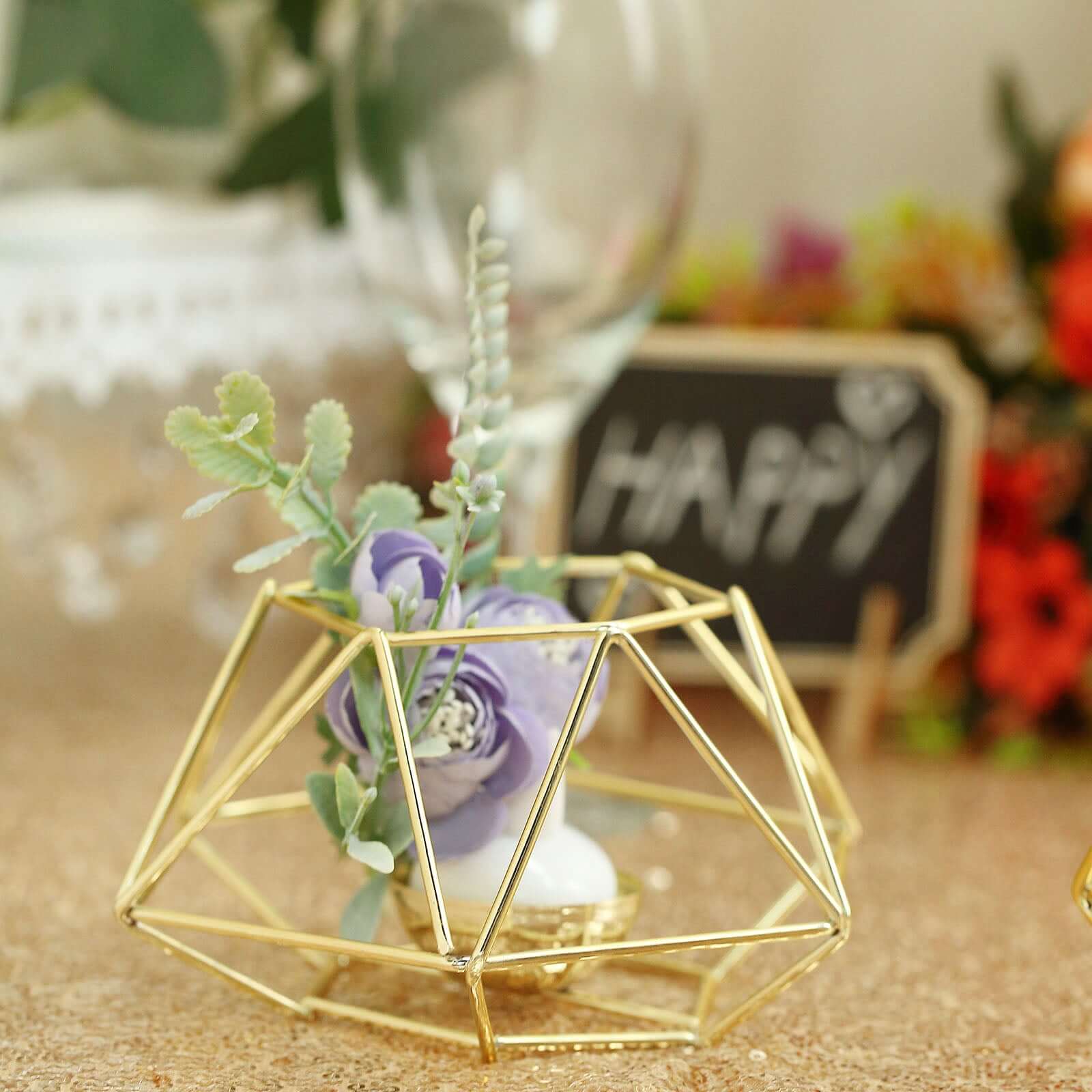 Set of 2 Candle Holders Metal Hexagon Geometric Design Gold - Modern Decorative Centerpieces for Tables 4"x3" - Linen Luxes