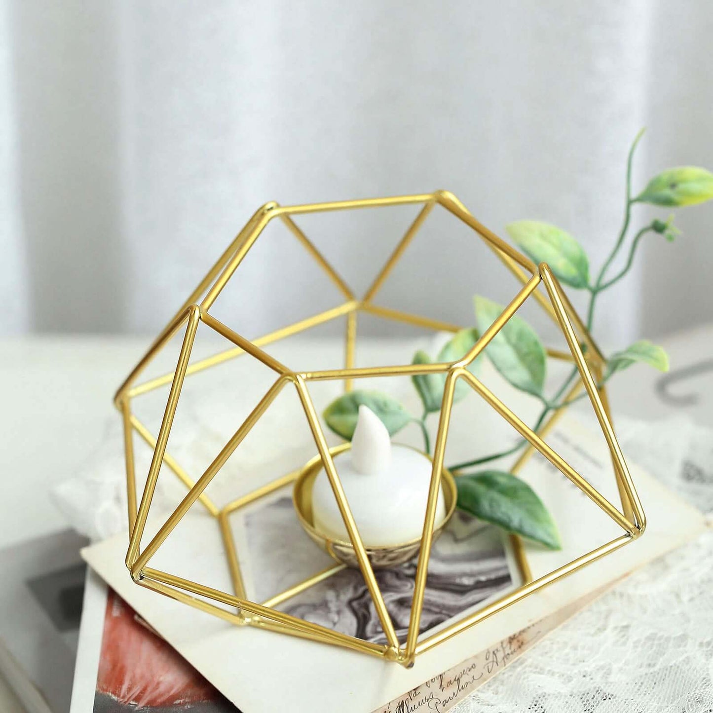 Set of 2 Candle Holders Metal Hexagon Geometric Design Gold - Modern Decorative Centerpieces for Tables 4"x3" - Linen Luxes