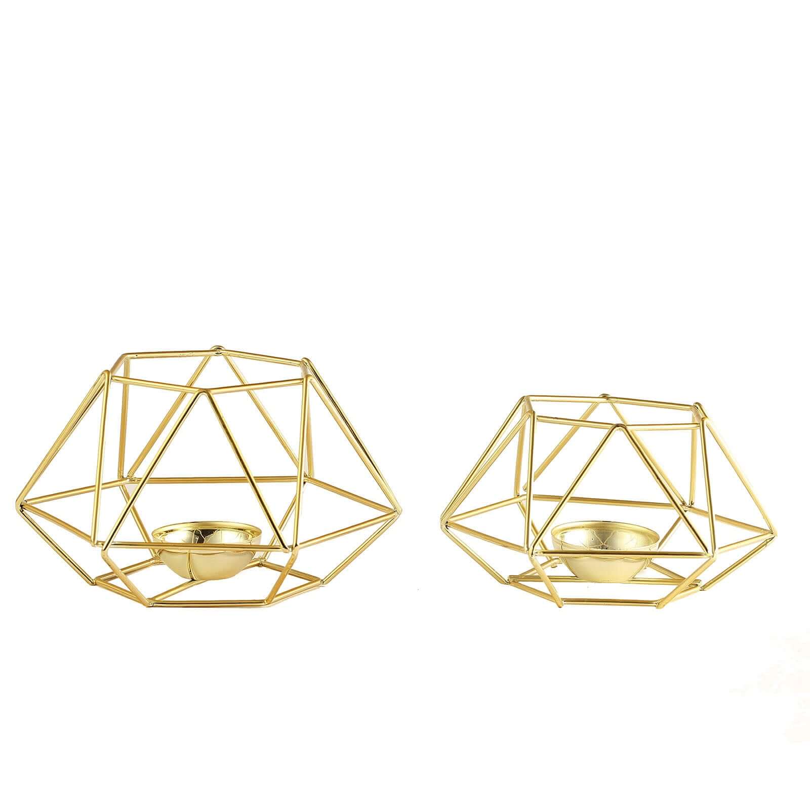 Set of 2 Candle Holders Metal Hexagon Geometric Design Gold - Modern Decorative Centerpieces for Tables 4"x3" - Linen Luxes