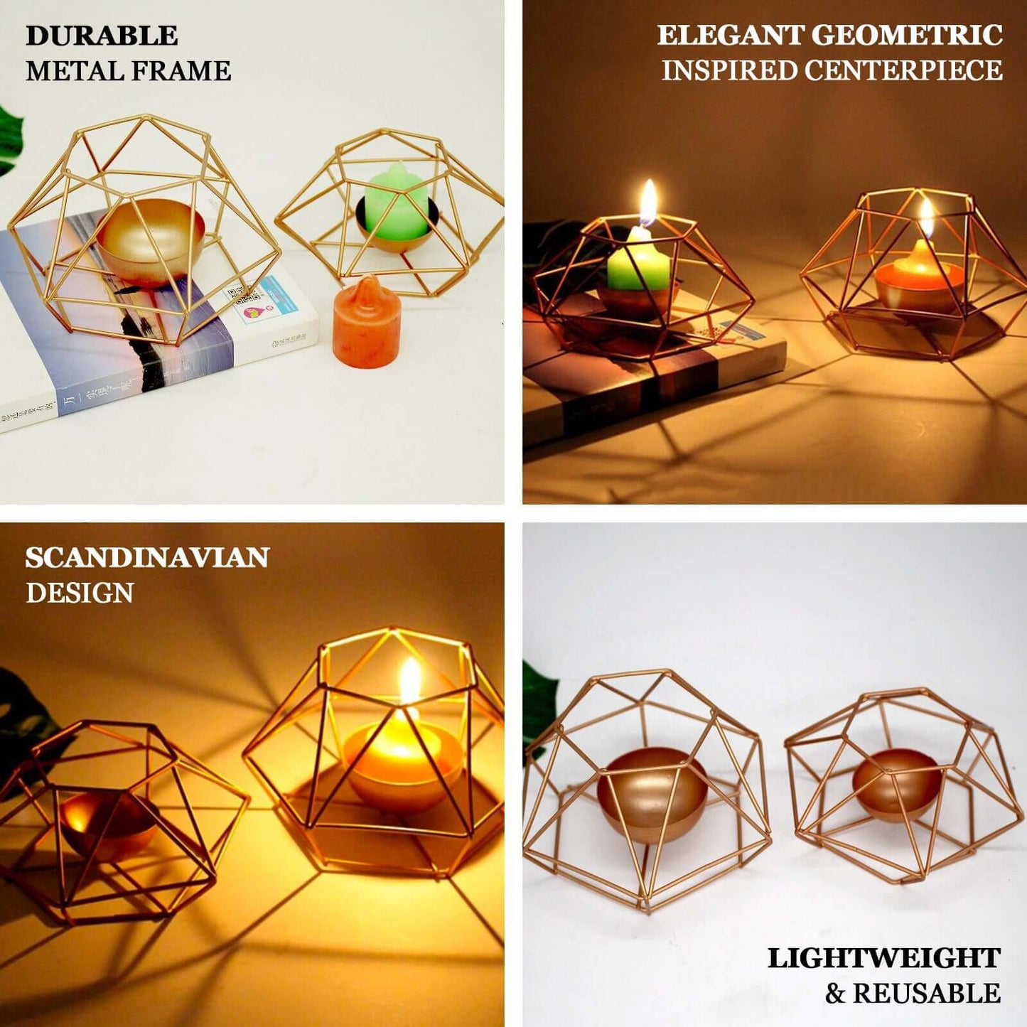 Set of 2 Candle Holders Metal Hexagon Geometric Design Gold - Modern Decorative Centerpieces for Tables 4"x3" - Linen Luxes