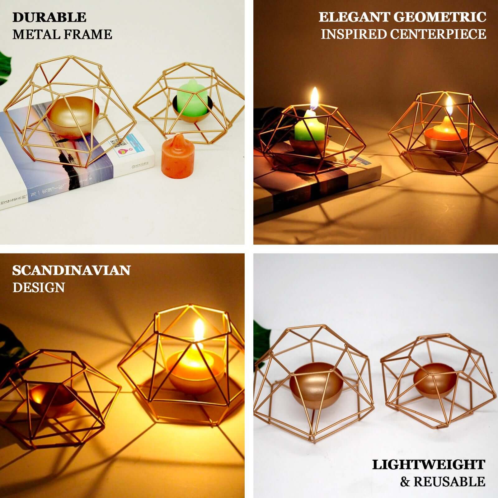 Set of 2 Candle Holders Metal Hexagon Geometric Design Gold - Modern Decorative Centerpieces for Tables 4"x3" - Linen Luxes