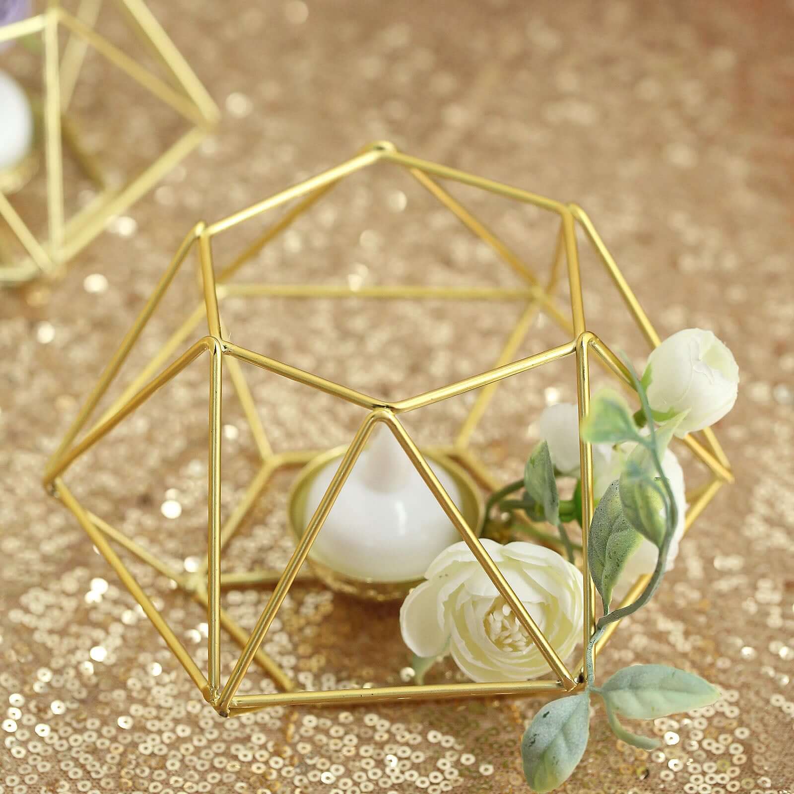 Set of 2 Candle Holders Metal Hexagon Geometric Design Gold - Modern Decorative Centerpieces for Tables 4"x3" - Linen Luxes