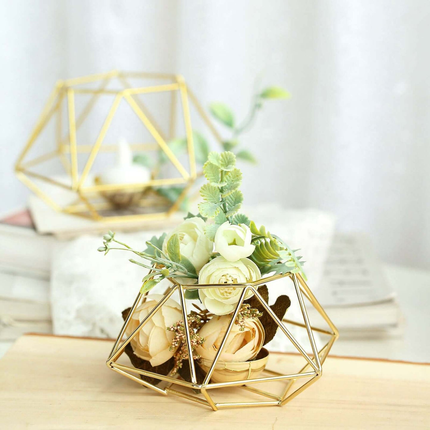 Set of 2 Candle Holders Metal Hexagon Geometric Design Gold - Modern Decorative Centerpieces for Tables 4"x3" - Linen Luxes