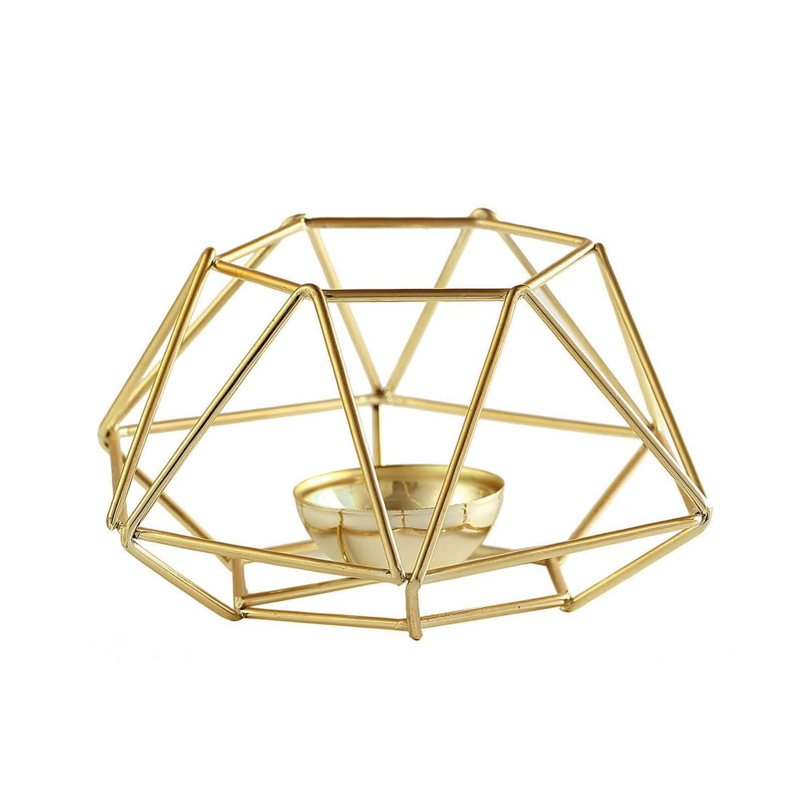 Set of 2 Candle Holders Metal Hexagon Geometric Design Gold - Modern Decorative Centerpieces for Tables 4"x3" - Linen Luxes