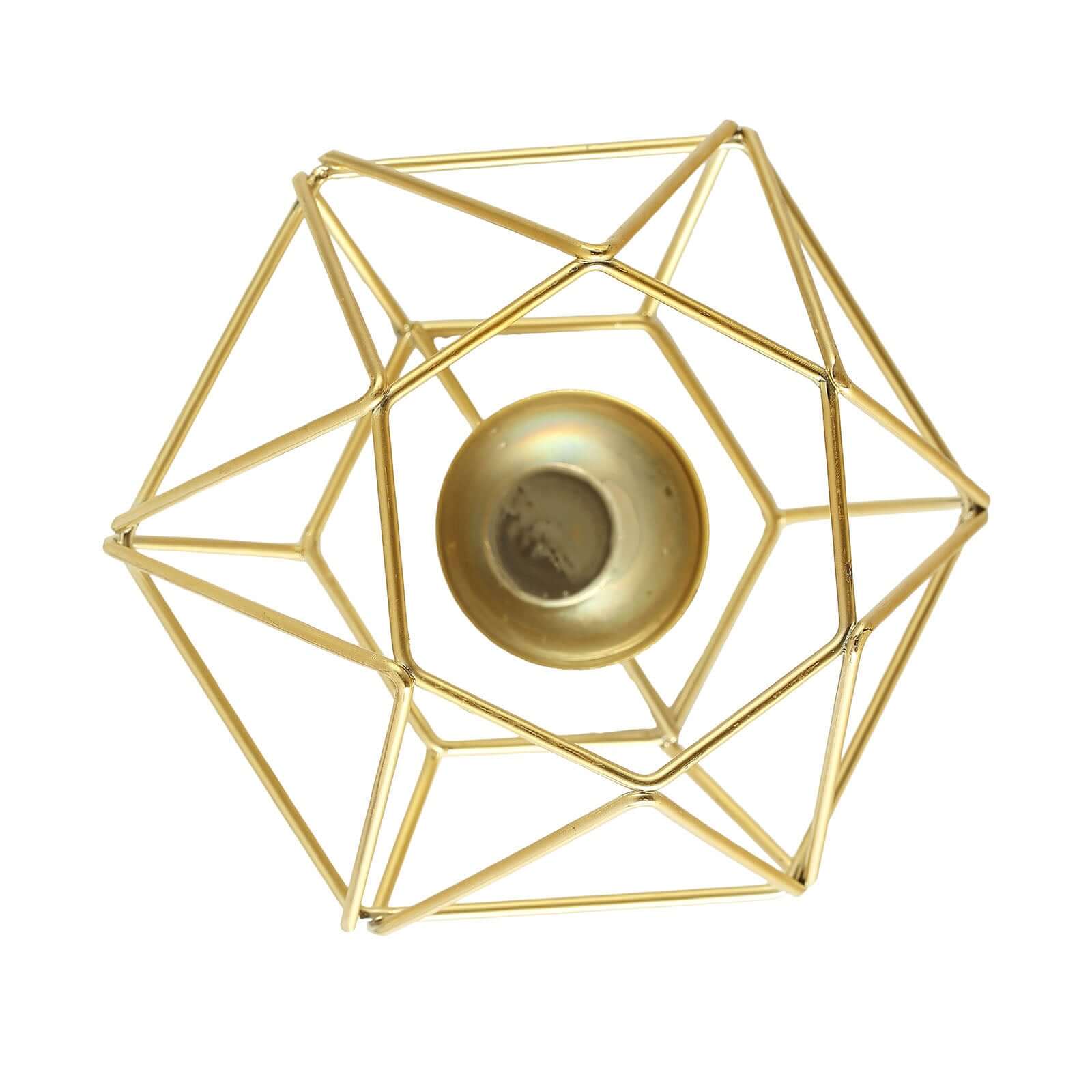 Set of 2 Candle Holders Metal Hexagon Geometric Design Gold - Modern Decorative Centerpieces for Tables 4"x3" - Linen Luxes