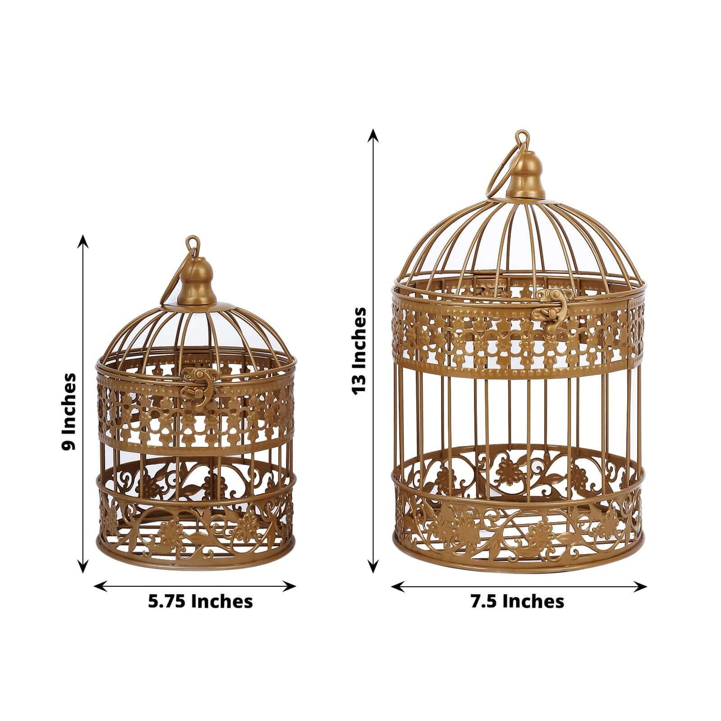 Set of 2 Card Holders Wrought Iron Bird Cage Design Metallic Gold - Decorative Display Stand 9"/13" - Linen Luxes
