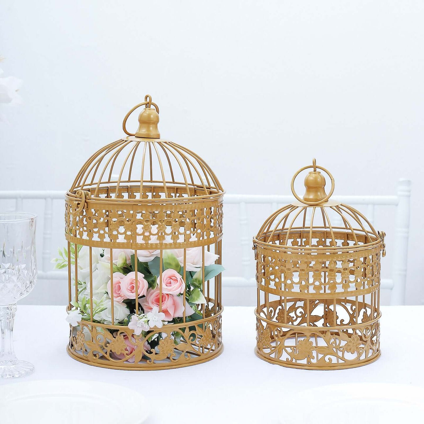 Set of 2 Card Holders Wrought Iron Bird Cage Design Metallic Gold - Decorative Display Stand 9"/13" - Linen Luxes