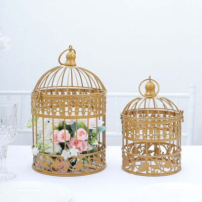 Set of 2 Card Holders Wrought Iron Bird Cage Design Metallic Gold - Decorative Display Stand 9"/13" - Linen Luxes