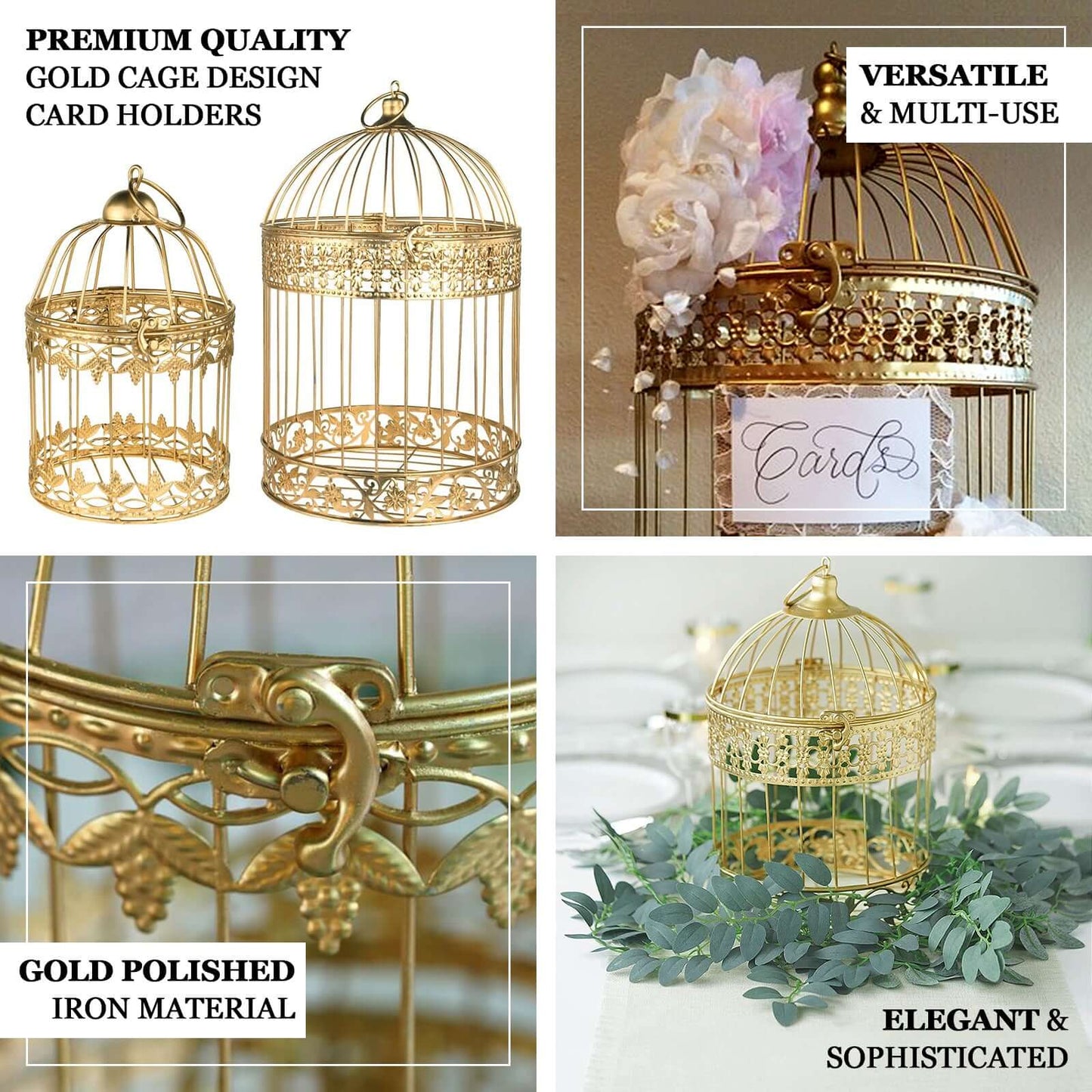 Set of 2 Card Holders Wrought Iron Bird Cage Design Metallic Gold - Decorative Display Stand 9"/13" - Linen Luxes