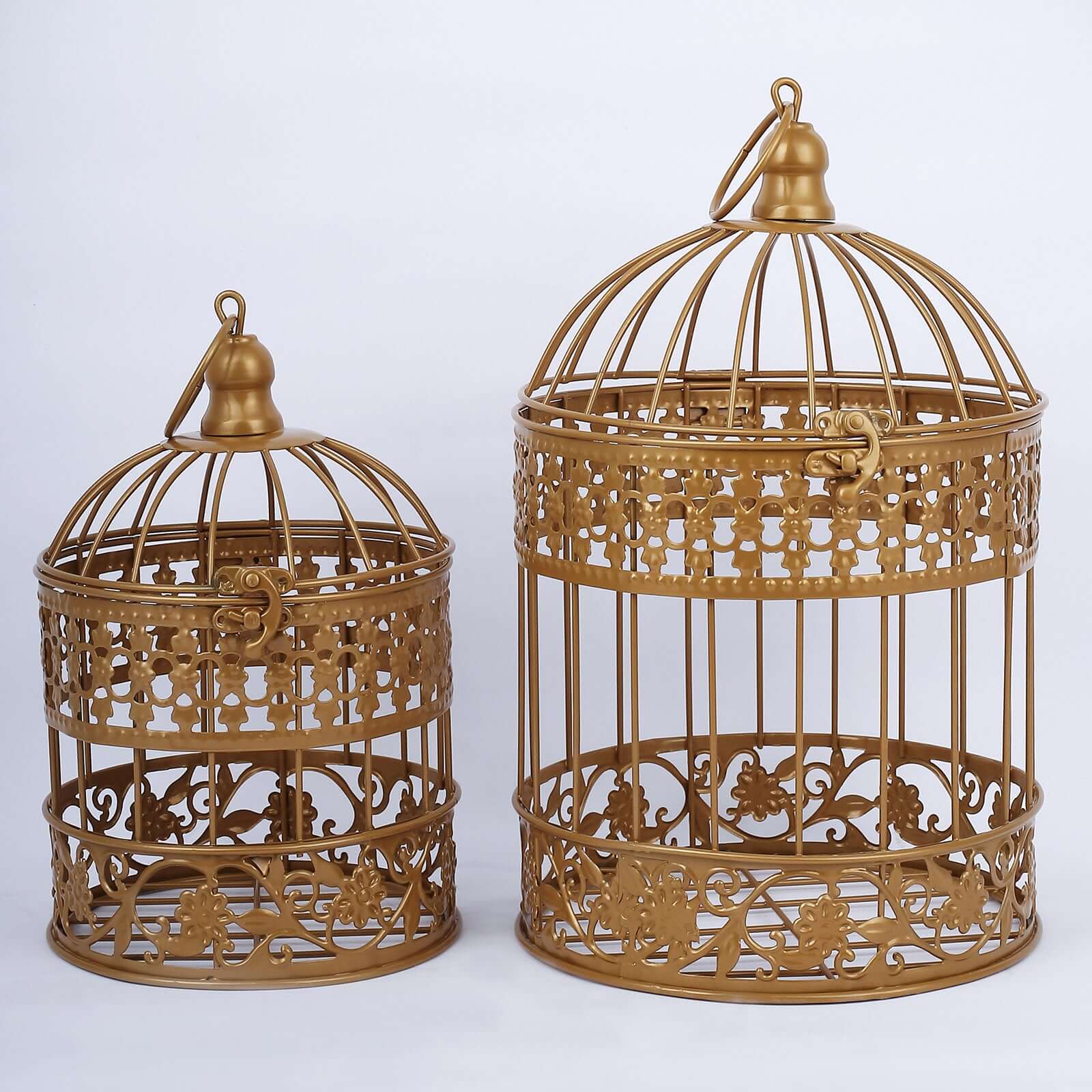 Set of 2 Card Holders Wrought Iron Bird Cage Design Metallic Gold - Decorative Display Stand 9"/13" - Linen Luxes
