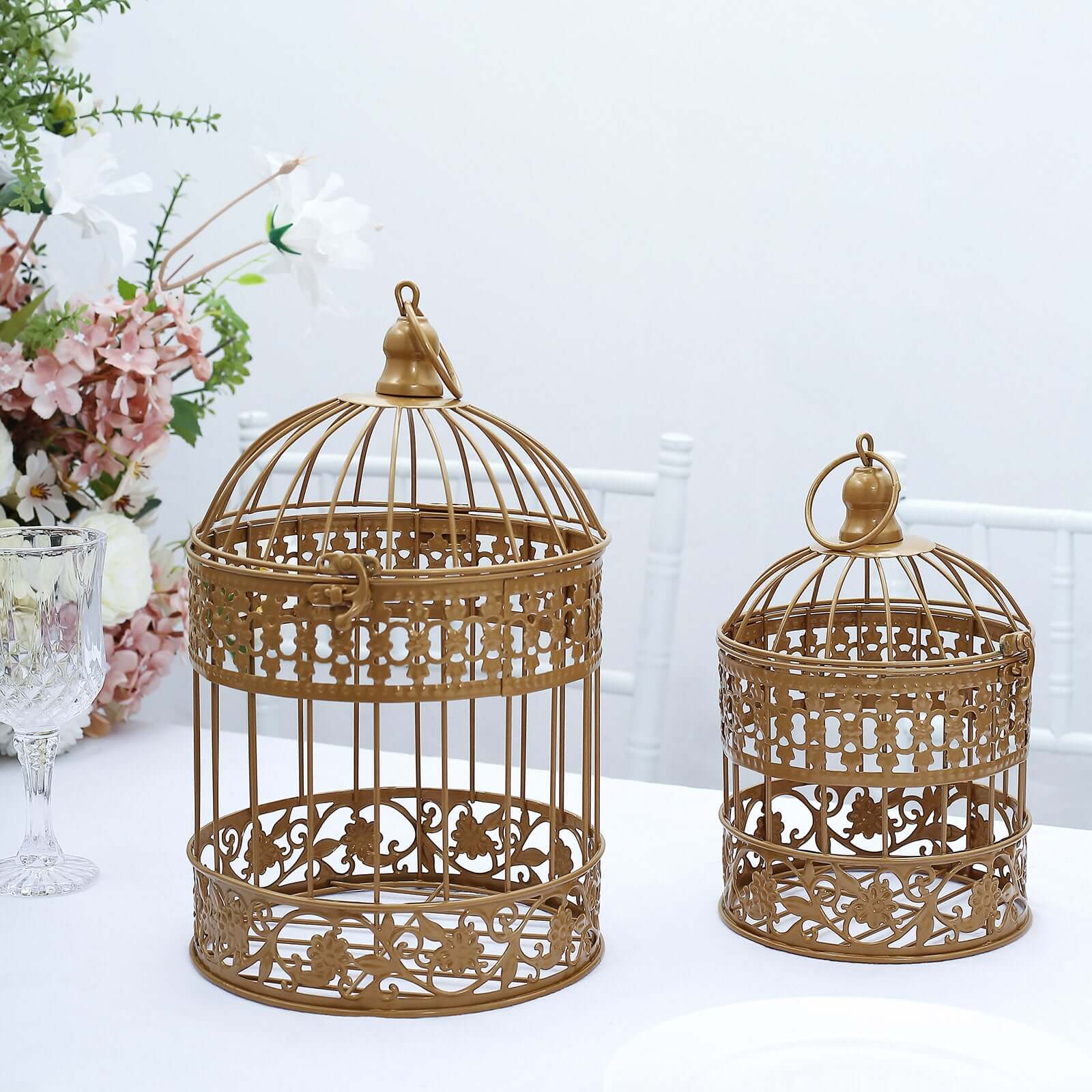 Set of 2 Card Holders Wrought Iron Bird Cage Design Metallic Gold - Decorative Display Stand 9"/13" - Linen Luxes