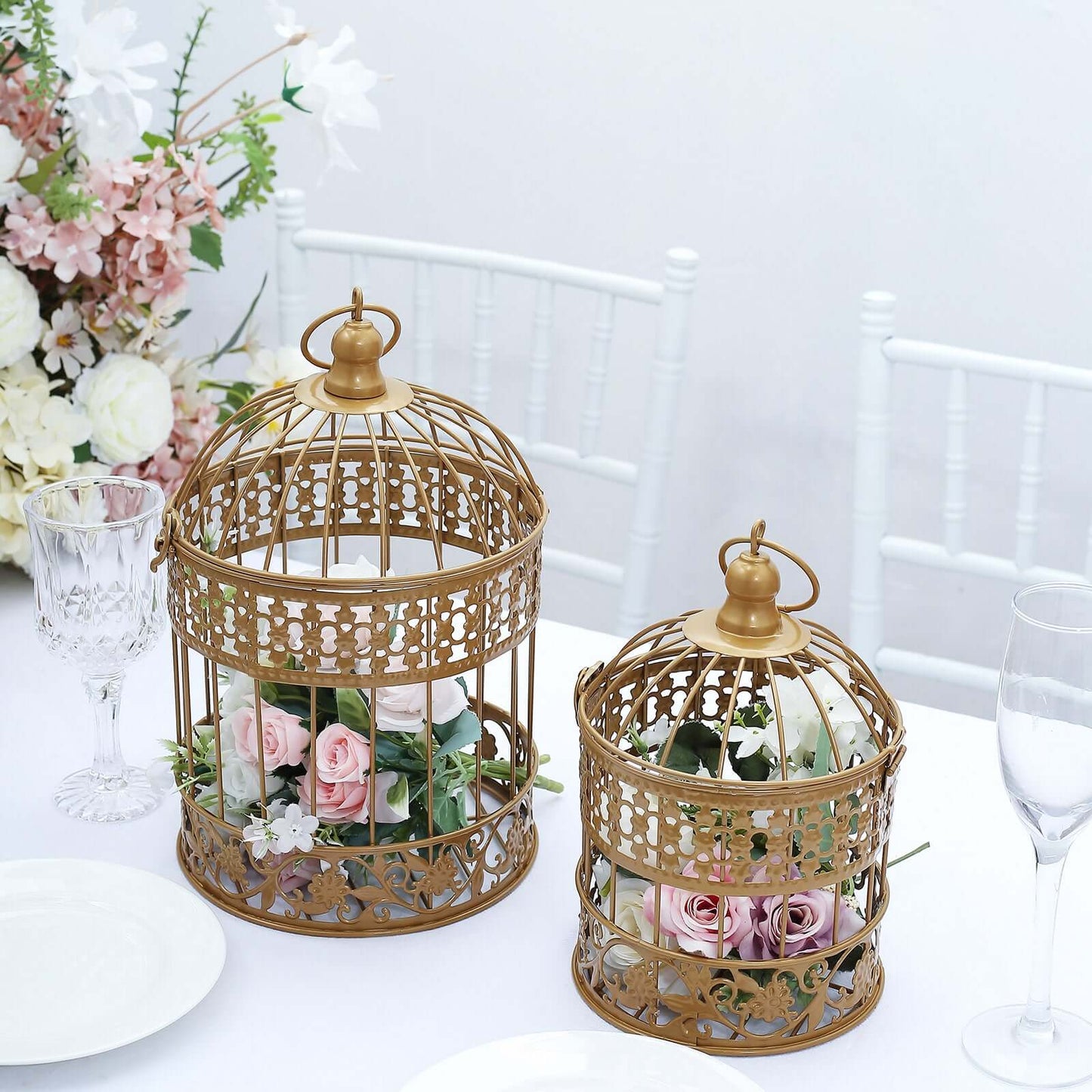 Set of 2 Card Holders Wrought Iron Bird Cage Design Metallic Gold - Decorative Display Stand 9"/13" - Linen Luxes