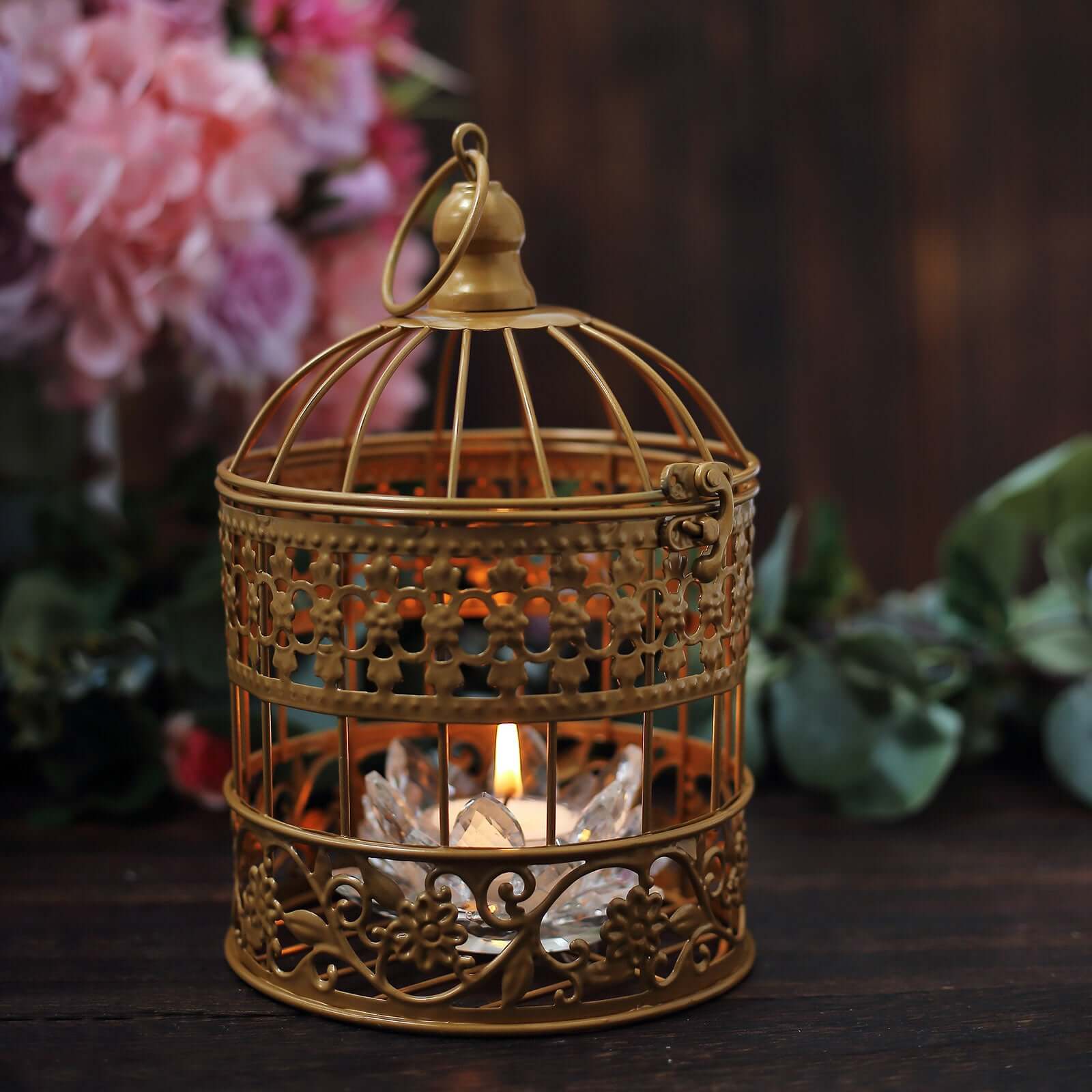 Set of 2 Card Holders Wrought Iron Bird Cage Design Metallic Gold - Decorative Display Stand 9"/13" - Linen Luxes