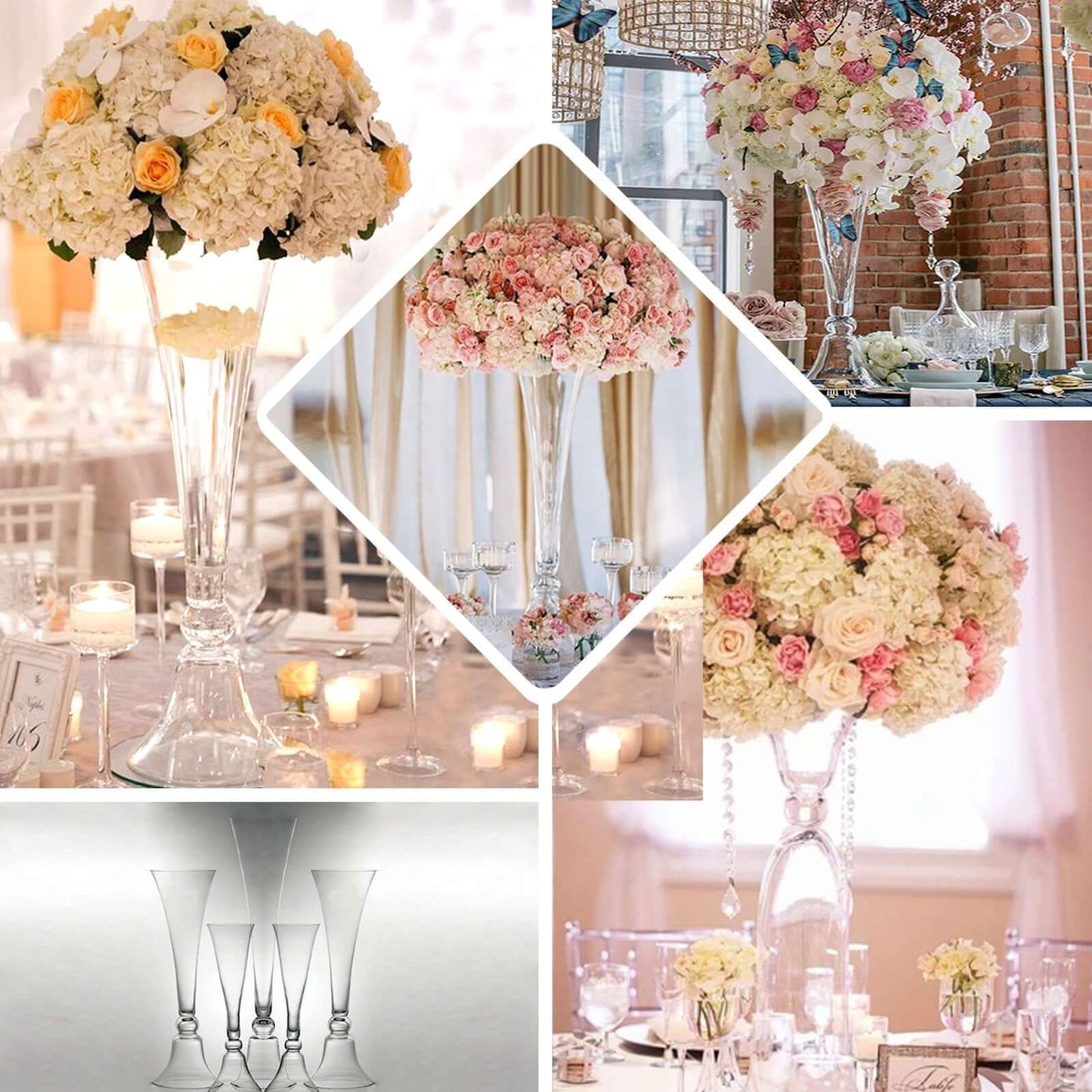 Set of 2 Glass Trumpet Vases Reversible Clarinet Design Clear - Stylish Flower Centerpieces for Events 24" - Linen Luxes