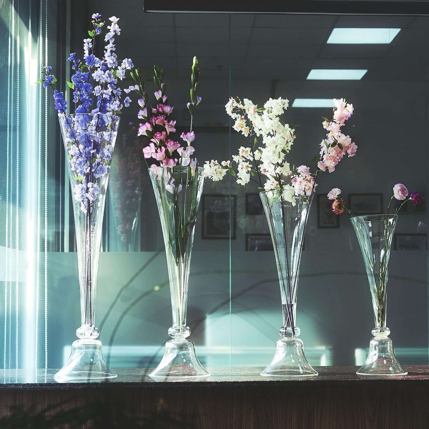 Set of 2 Glass Trumpet Vases Reversible Clarinet Design Clear - Stylish Flower Centerpieces for Events 24" - Linen Luxes