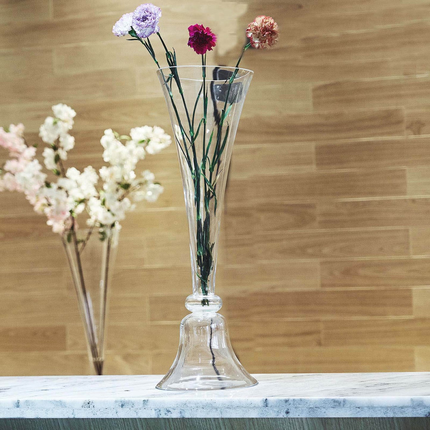 Set of 2 Glass Trumpet Vases Reversible Clarinet Style Clear - Decorative Flower Centerpieces for Events 28" - Linen Luxes