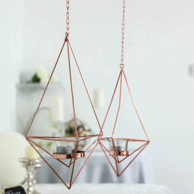 Set of 2 Hanging Tealight Candle Holders Rose Gold Metal Diamond Geometric Open Frame - Flower Terrariums 12", 15" - Linen Luxes