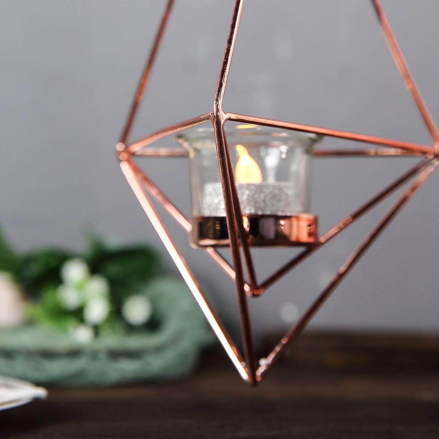 Set of 2 Hanging Tealight Candle Holders Rose Gold Metal Diamond Geometric Open Frame - Flower Terrariums 12", 15" - Linen Luxes