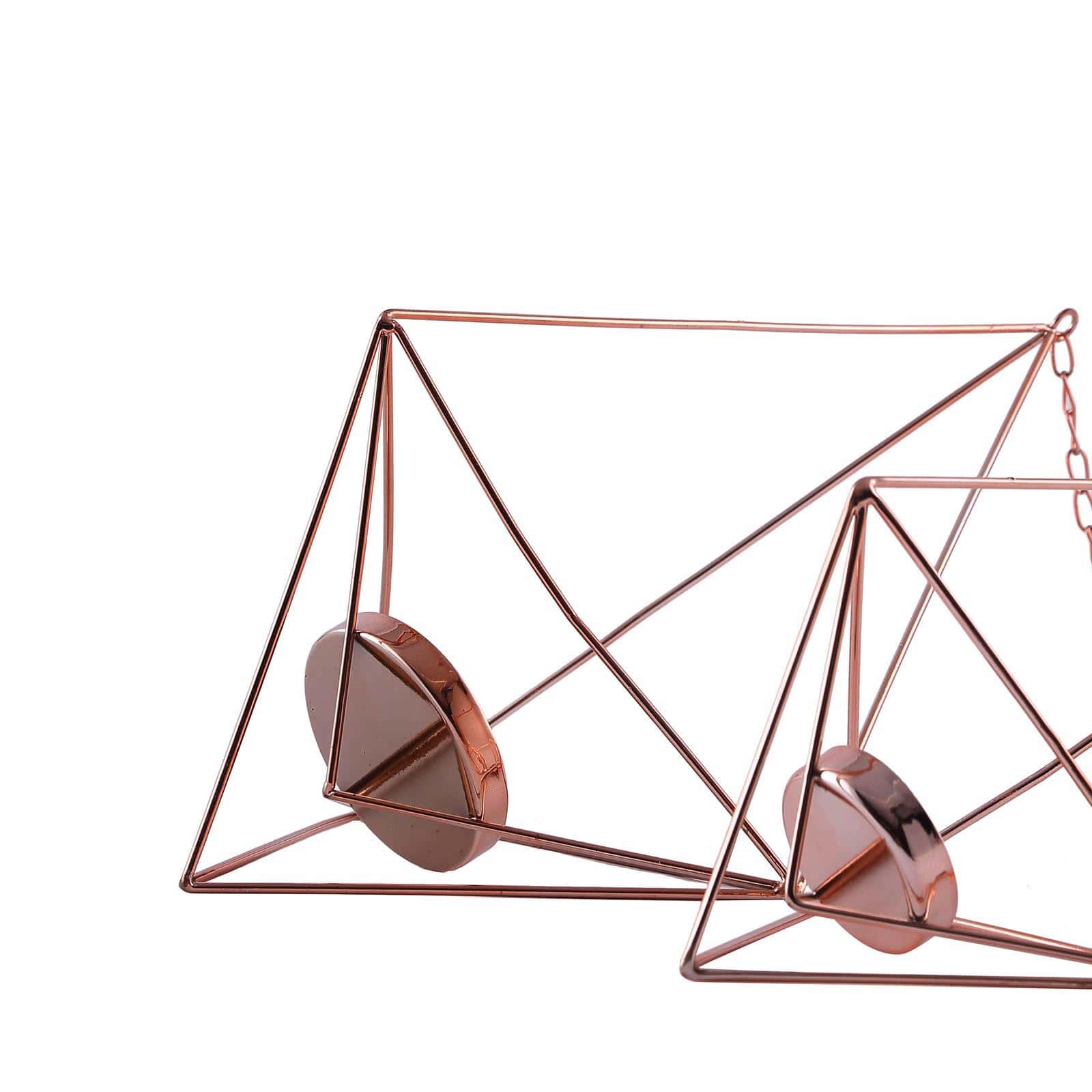 Set of 2 Hanging Tealight Candle Holders Rose Gold Metal Diamond Geometric Open Frame - Flower Terrariums 12", 15" - Linen Luxes