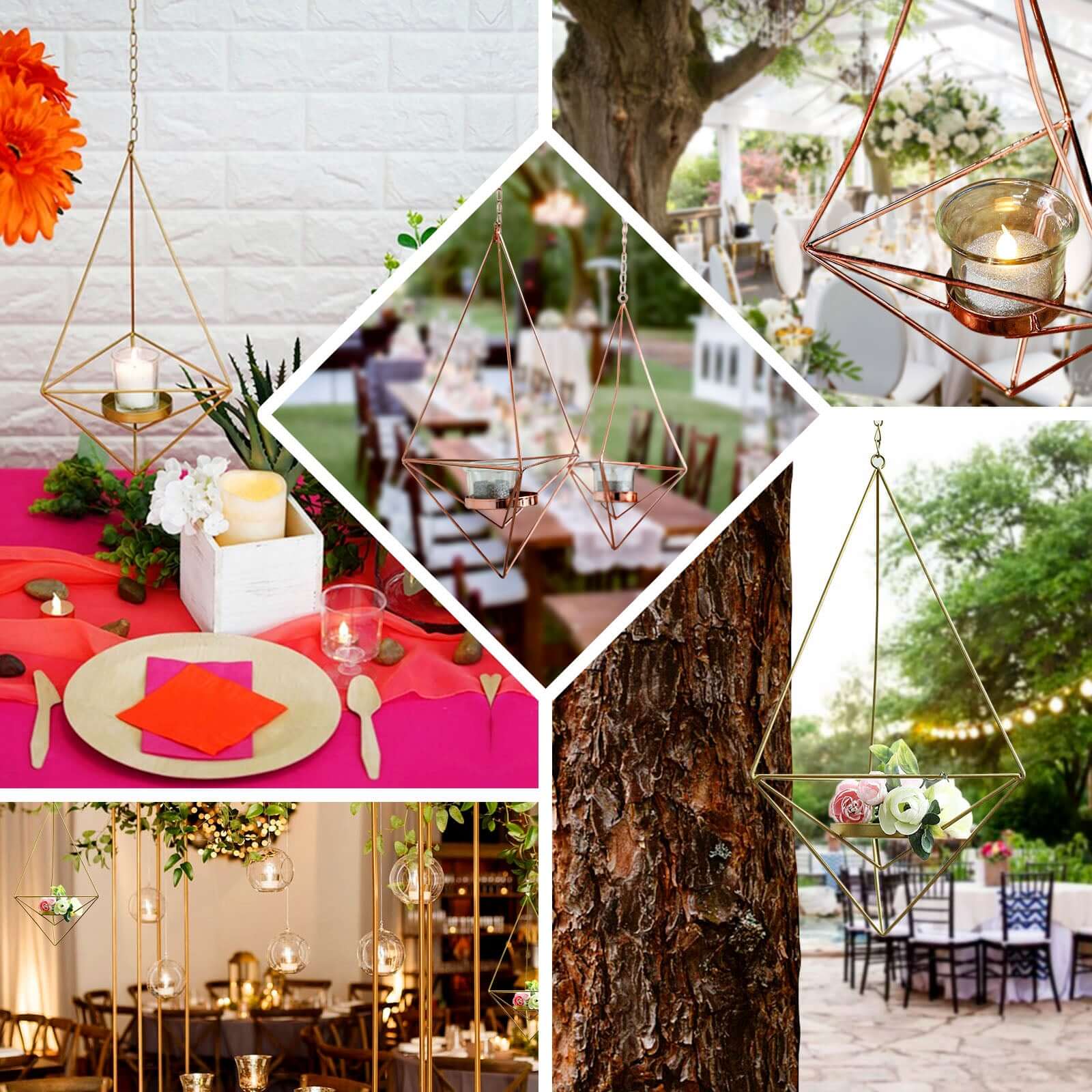 Set of 2 Hanging Tealight Candle Holders Rose Gold Metal Diamond Geometric Open Frame - Flower Terrariums 12", 15" - Linen Luxes