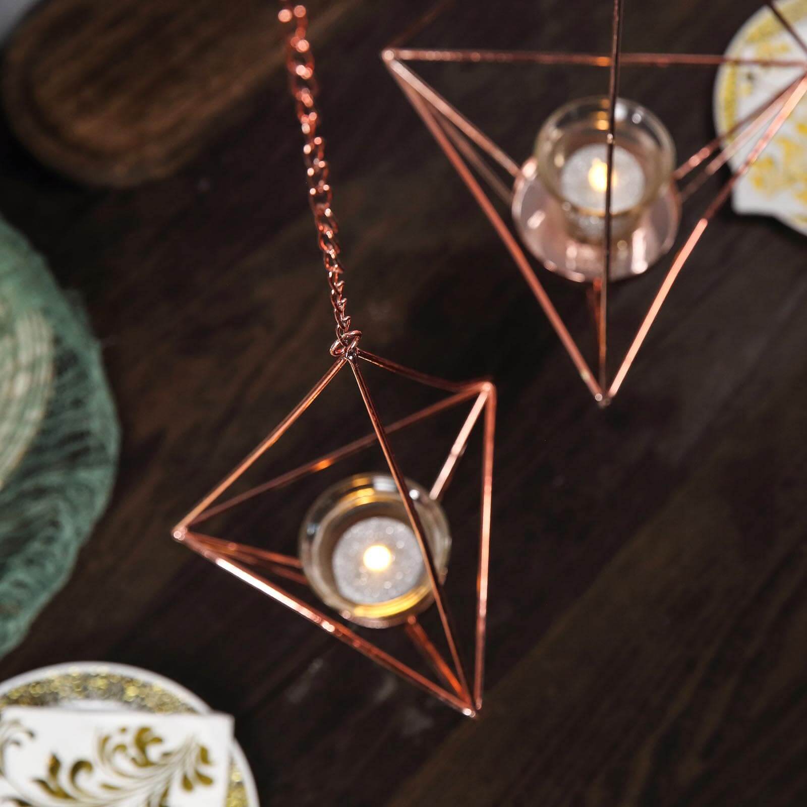Set of 2 Hanging Tealight Candle Holders Rose Gold Metal Diamond Geometric Open Frame - Flower Terrariums 12", 15" - Linen Luxes