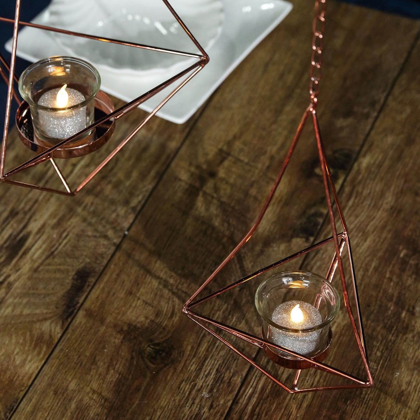 Set of 2 Hanging Tealight Candle Holders Rose Gold Metal Diamond Geometric Open Frame - Flower Terrariums 12", 15" - Linen Luxes