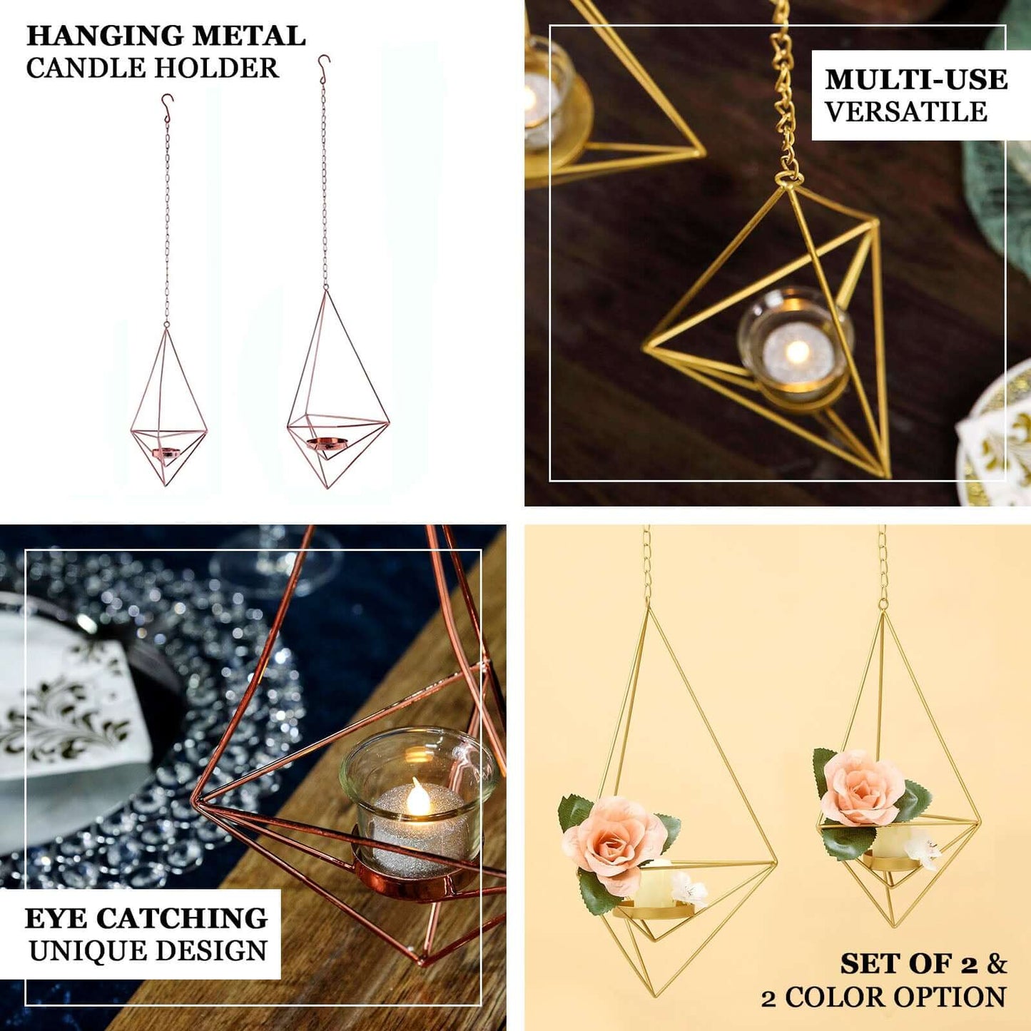Set of 2 Hanging Tealight Candle Holders Rose Gold Metal Diamond Geometric Open Frame - Flower Terrariums 12", 15" - Linen Luxes