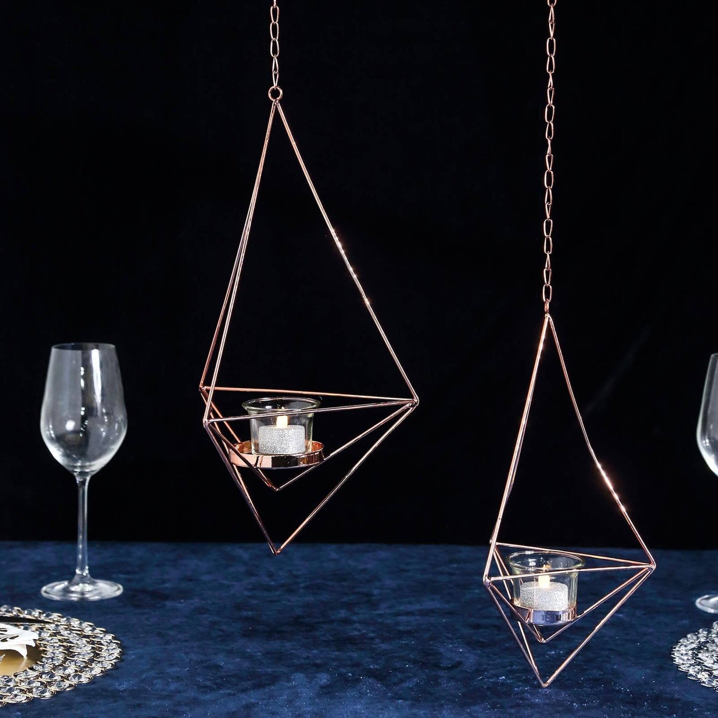 Set of 2 Hanging Tealight Candle Holders Rose Gold Metal Diamond Geometric Open Frame - Flower Terrariums 12", 15" - Linen Luxes