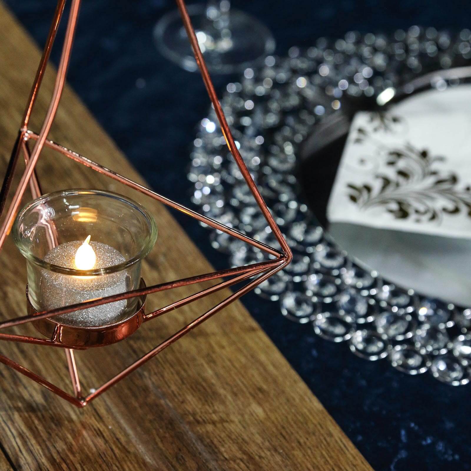 Set of 2 Hanging Tealight Candle Holders Rose Gold Metal Diamond Geometric Open Frame - Flower Terrariums 12", 15" - Linen Luxes