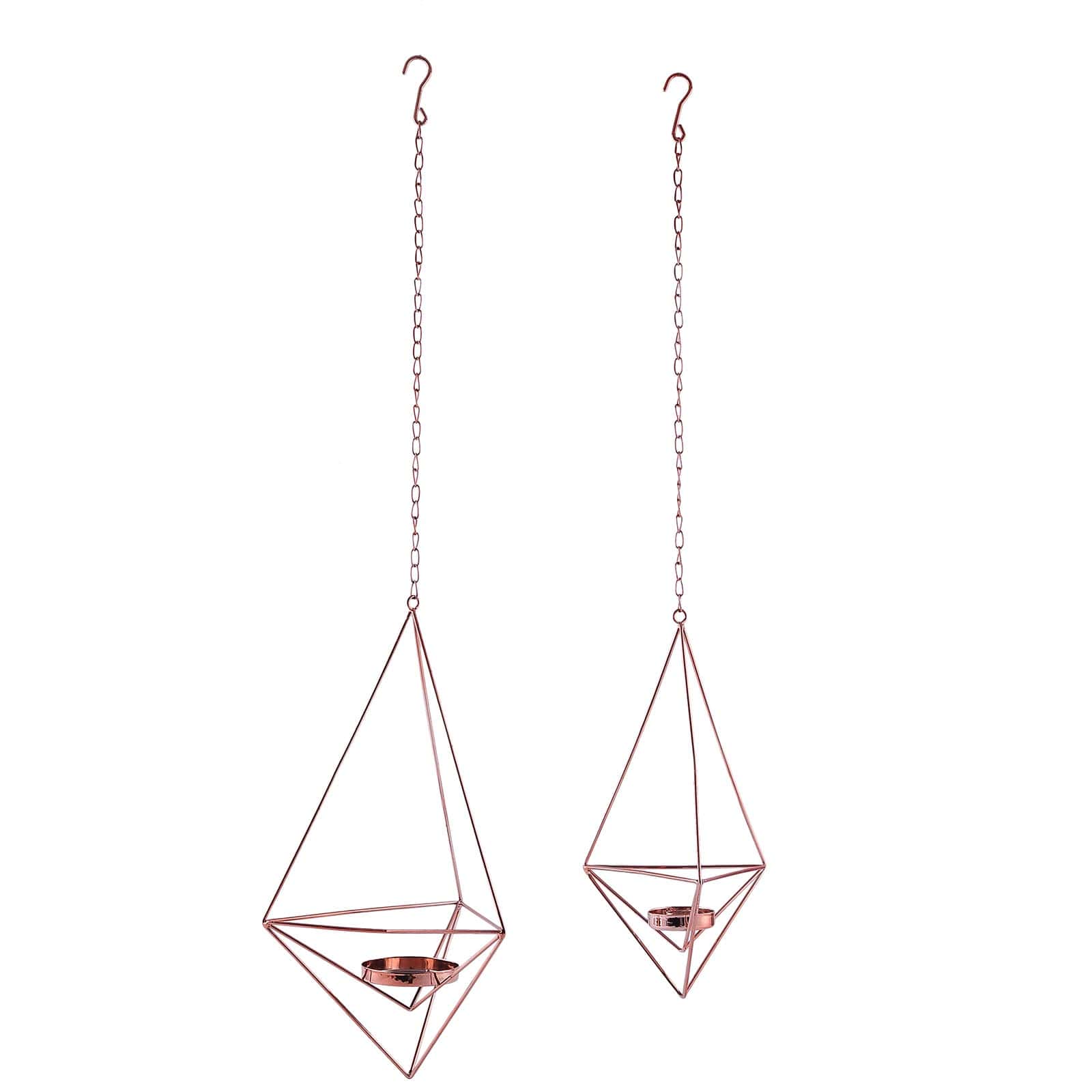 Set of 2 Hanging Tealight Candle Holders Rose Gold Metal Diamond Geometric Open Frame - Flower Terrariums 12", 15" - Linen Luxes