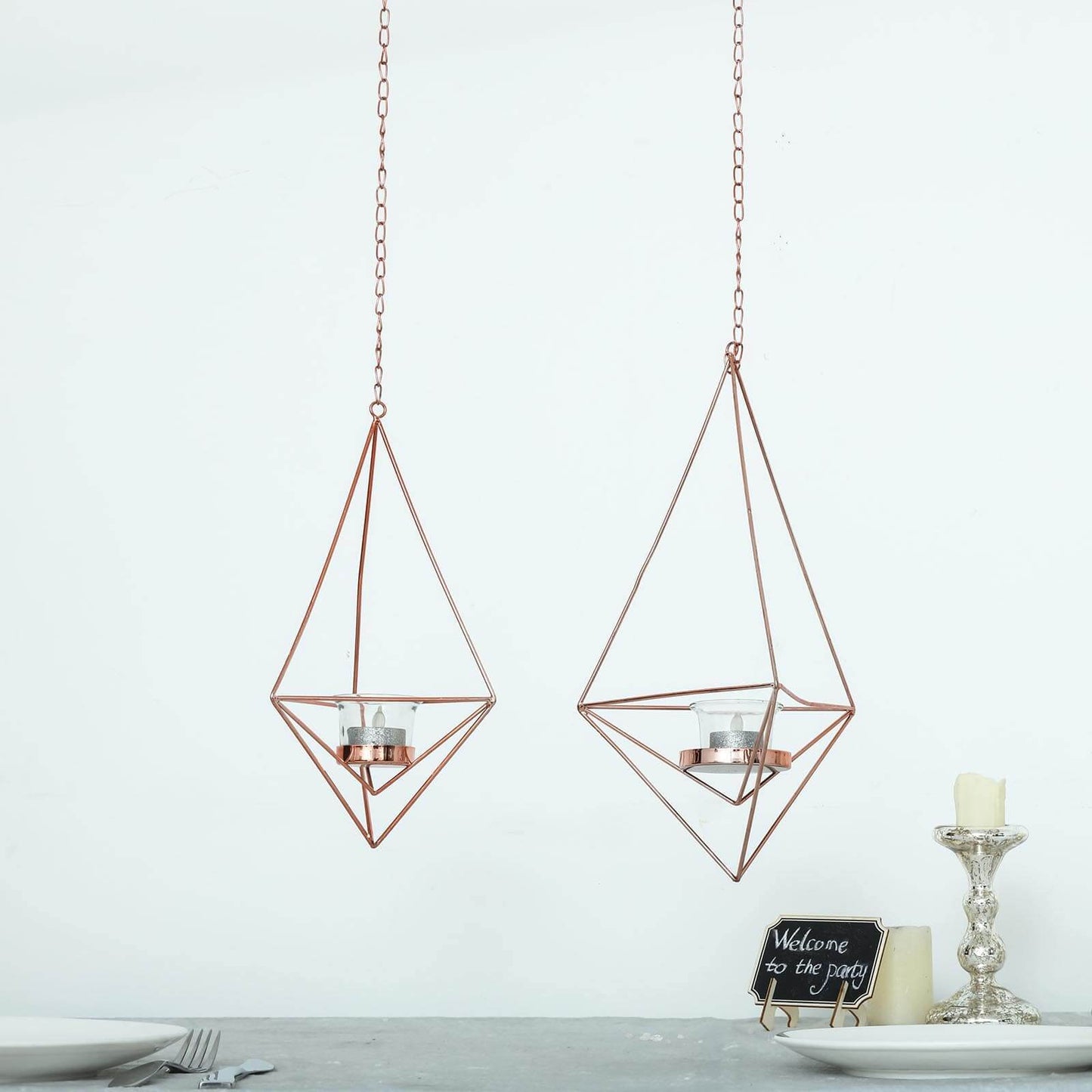 Set of 2 Hanging Tealight Candle Holders Rose Gold Metal Diamond Geometric Open Frame - Flower Terrariums 12", 15" - Linen Luxes