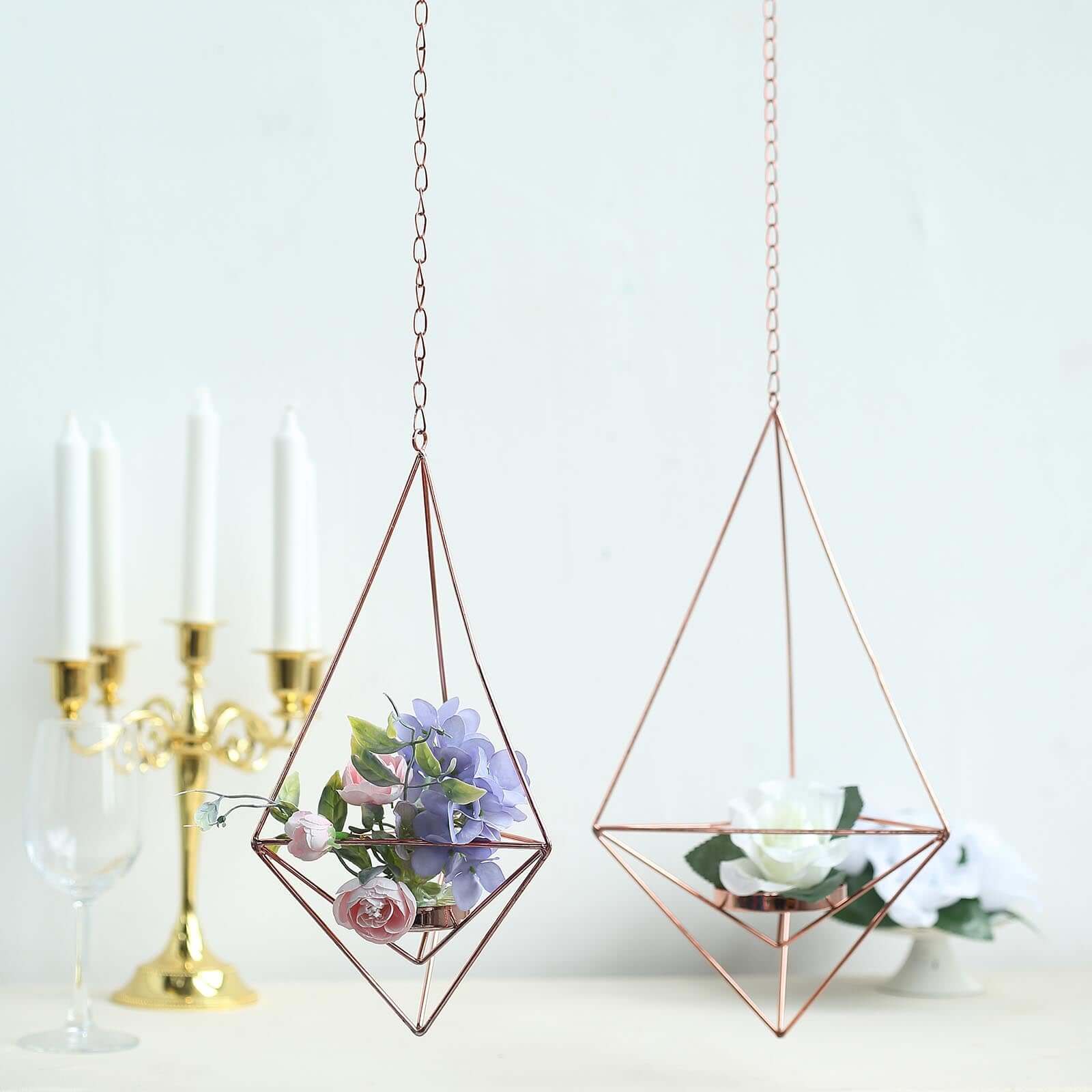 Set of 2 Hanging Tealight Candle Holders Rose Gold Metal Diamond Geometric Open Frame - Flower Terrariums 12", 15" - Linen Luxes