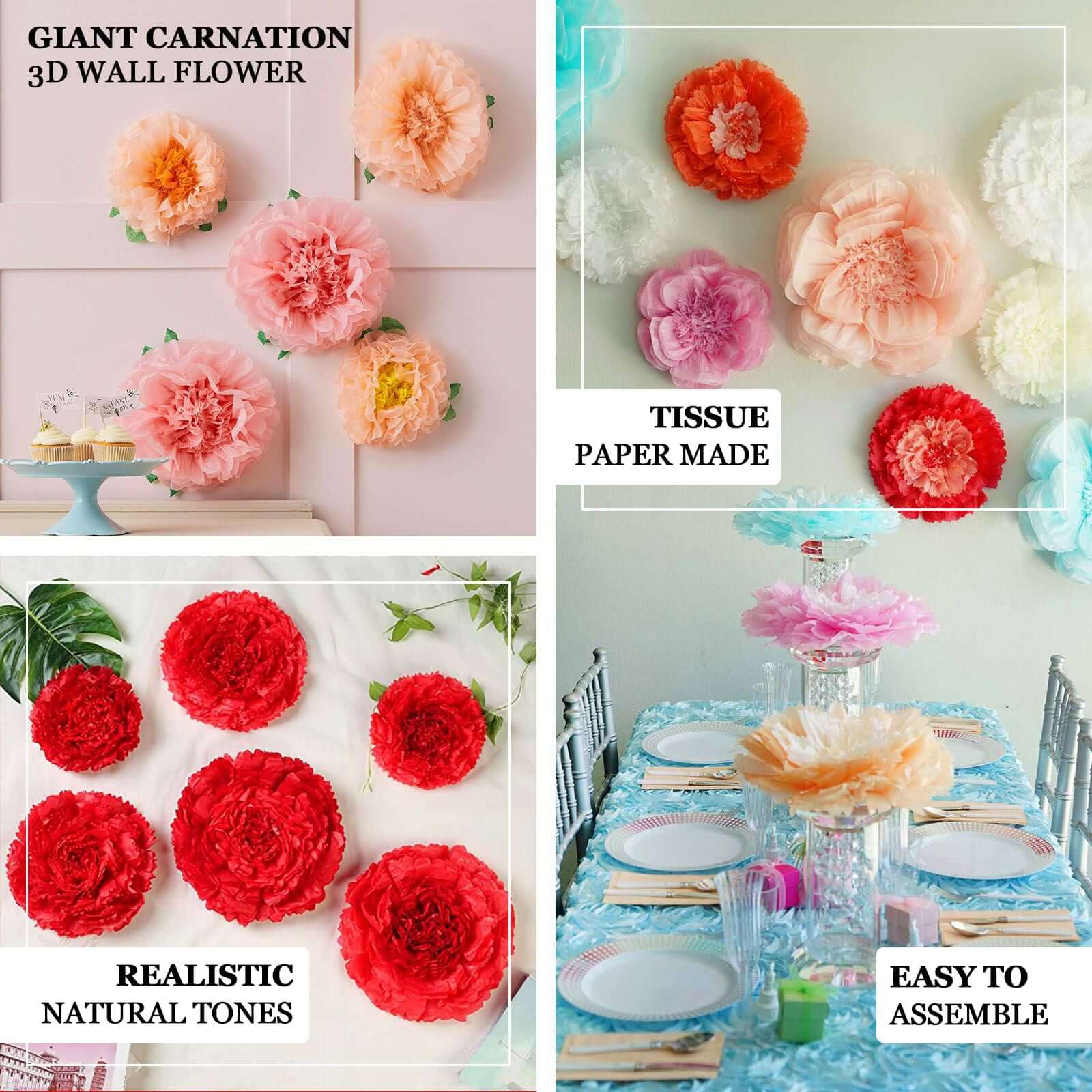 Set of 2 Light Blue Carnation 3D Wall Giant Tissue Paper Flowers - 12",16" - Linen Luxes