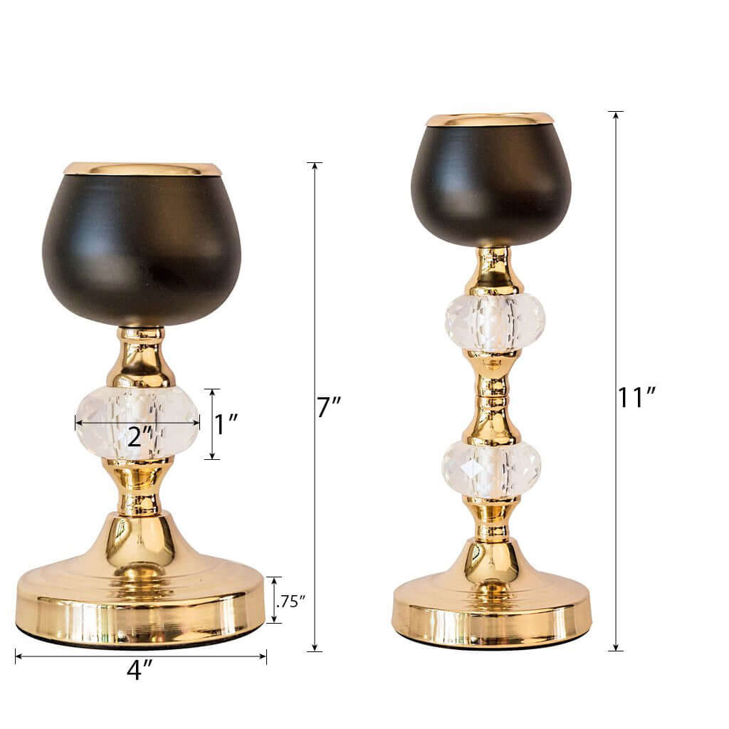 Set of 2 Metal Crystal Lamp Candle Holders Gold/Black - Sophisticated Votive Tealight Stands 7", 11" - Linen Luxes