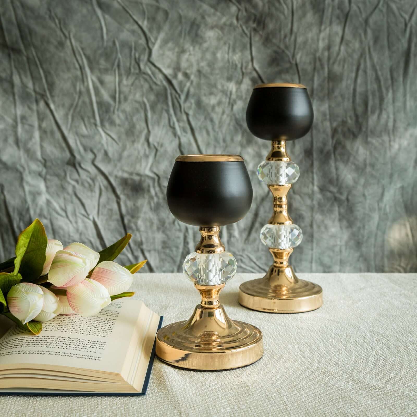 Set of 2 Metal Crystal Lamp Candle Holders Gold/Black - Sophisticated Votive Tealight Stands 7", 11" - Linen Luxes