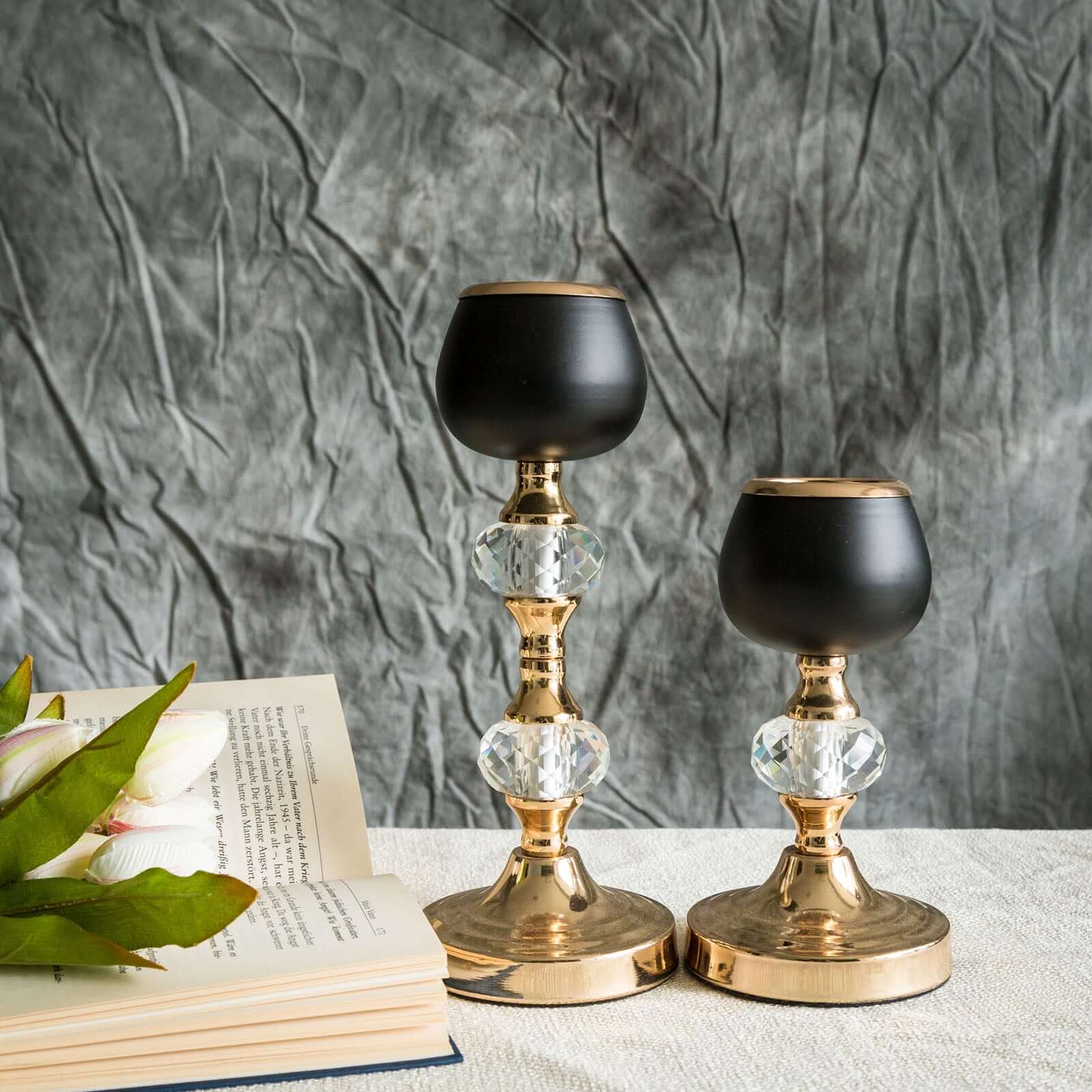 Set of 2 Metal Crystal Lamp Candle Holders Gold/Black - Sophisticated Votive Tealight Stands 7", 11" - Linen Luxes