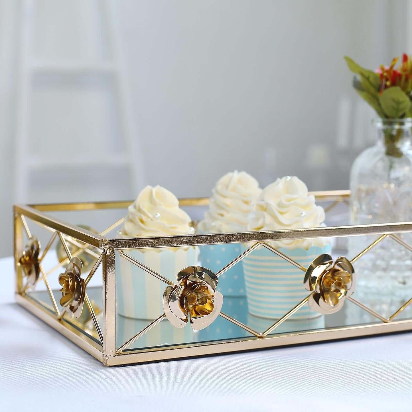 Set of 2 Metal Mirrored Rectangle Serving Trays in Gold with Rose Borders, Glamorous Decorative Vanity Tray Centerpiece 15"x8", 19"x12" - Linen Luxes