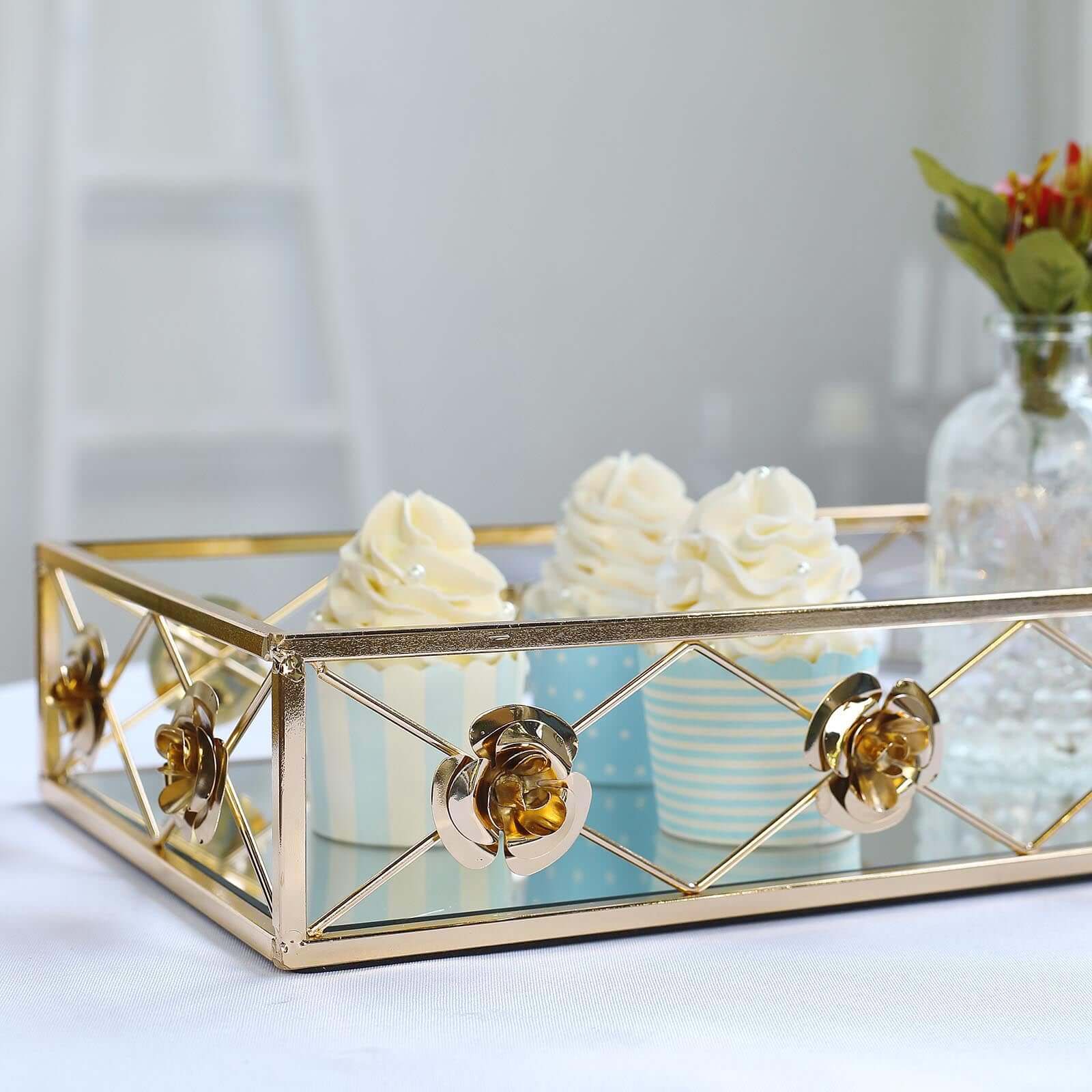Set of 2 Metal Mirrored Rectangle Serving Trays in Gold with Rose Borders, Glamorous Decorative Vanity Tray Centerpiece 15"x8", 19"x12" - Linen Luxes
