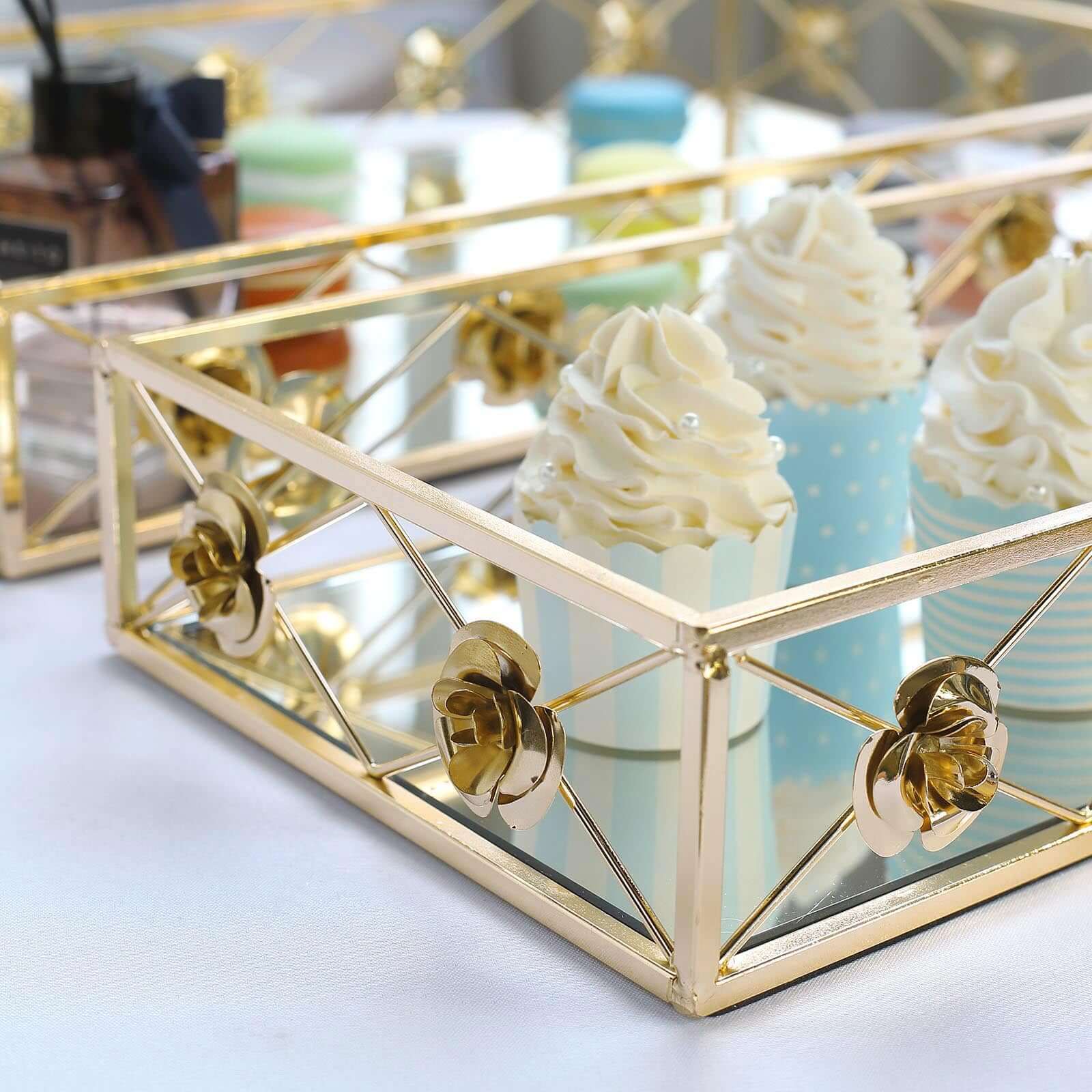 Set of 2 Metal Mirrored Rectangle Serving Trays in Gold with Rose Borders, Glamorous Decorative Vanity Tray Centerpiece 15"x8", 19"x12" - Linen Luxes