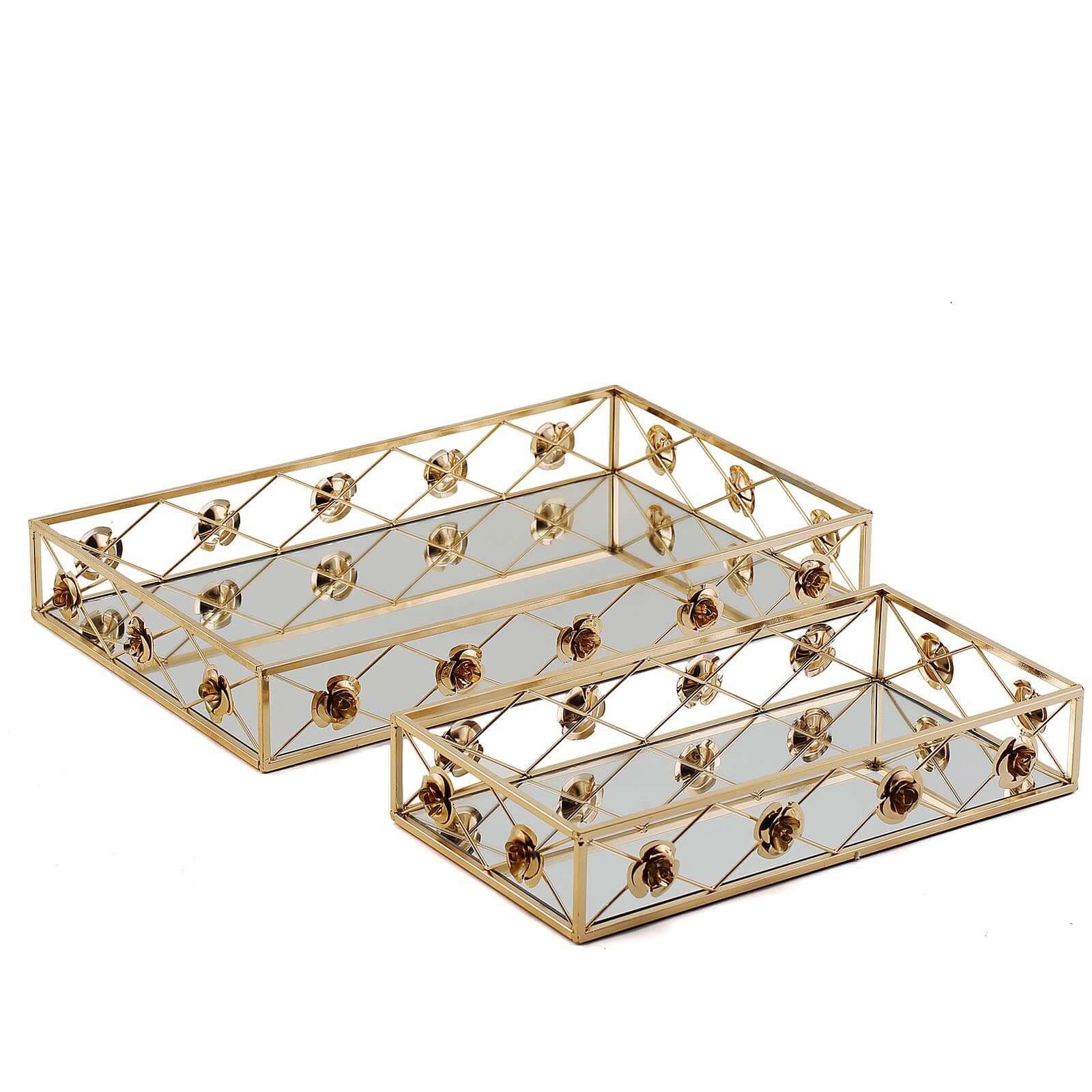 Set of 2 Metal Mirrored Rectangle Serving Trays in Gold with Rose Borders, Glamorous Decorative Vanity Tray Centerpiece 15"x8", 19"x12" - Linen Luxes
