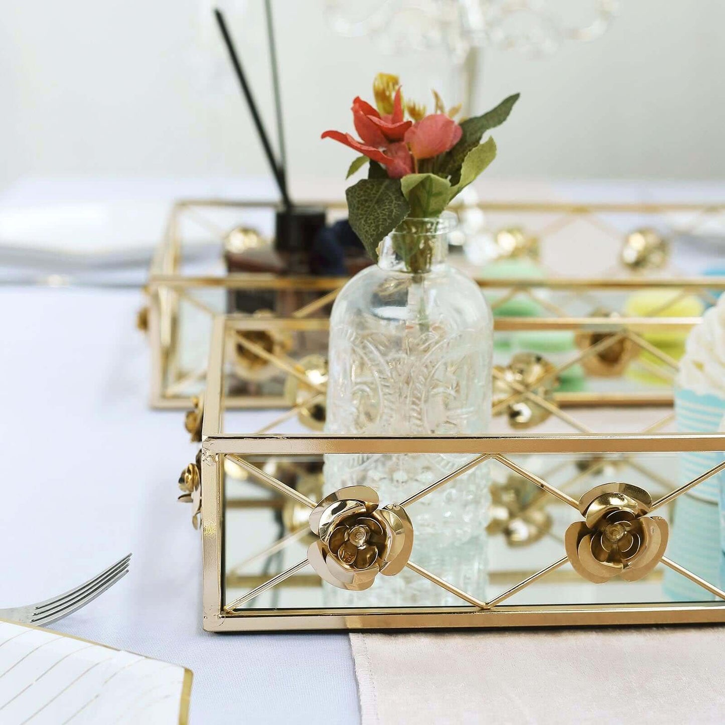 Set of 2 Metal Mirrored Rectangle Serving Trays in Gold with Rose Borders, Glamorous Decorative Vanity Tray Centerpiece 15"x8", 19"x12" - Linen Luxes