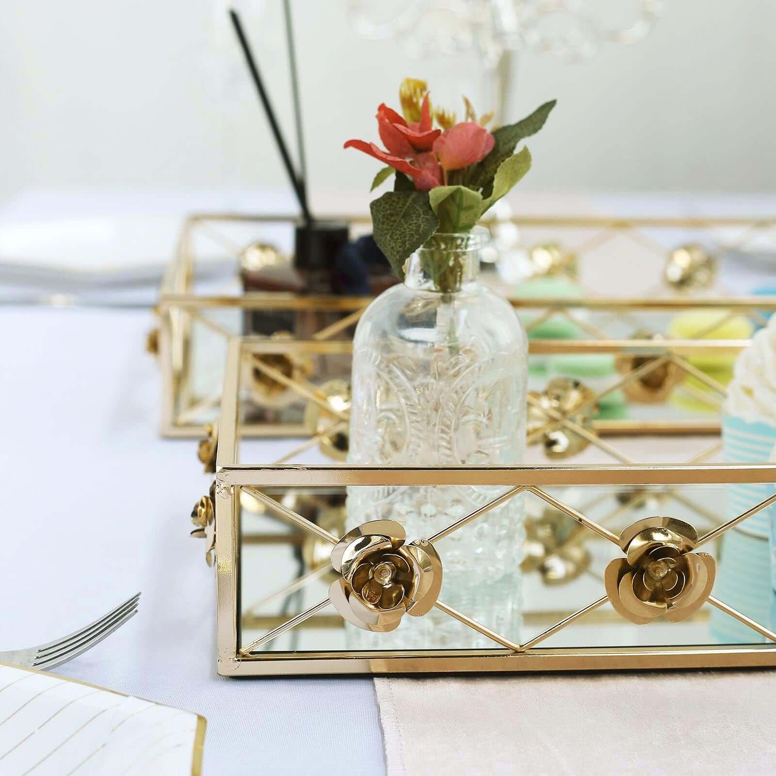 Set of 2 Metal Mirrored Rectangle Serving Trays in Gold with Rose Borders, Glamorous Decorative Vanity Tray Centerpiece 15"x8", 19"x12" - Linen Luxes