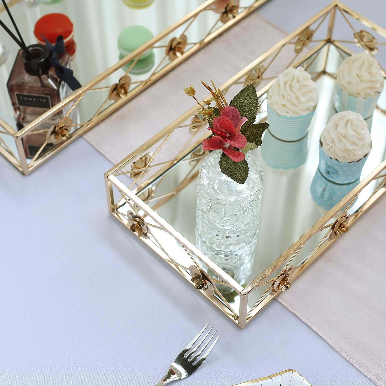 Set of 2 Metal Mirrored Rectangle Serving Trays in Gold with Rose Borders, Glamorous Decorative Vanity Tray Centerpiece 15"x8", 19"x12" - Linen Luxes