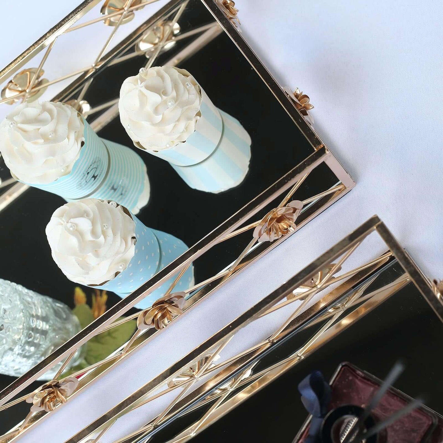 Set of 2 Metal Mirrored Rectangle Serving Trays in Gold with Rose Borders, Glamorous Decorative Vanity Tray Centerpiece 15"x8", 19"x12" - Linen Luxes