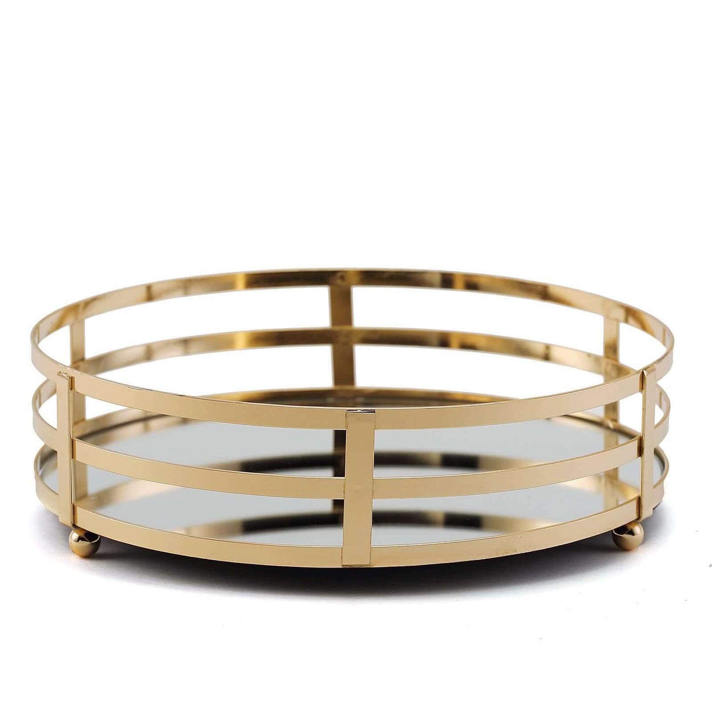 Set of 2 Metal Serving Trays 13", 9" Round Gold with Mirrored Top, Classy Decorative Vanity Tray Centerpiece - Linen Luxes