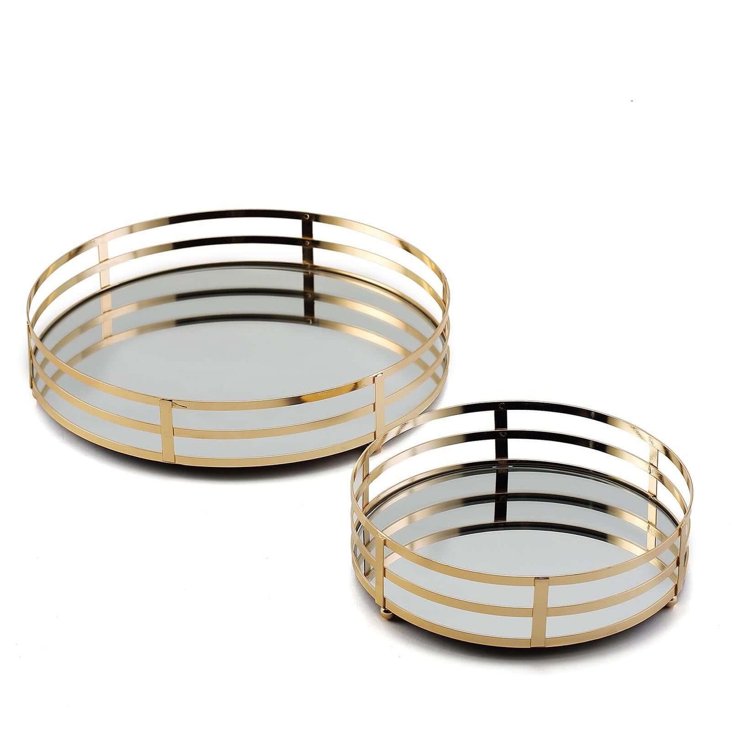 Set of 2 Metal Serving Trays 13", 9" Round Gold with Mirrored Top, Classy Decorative Vanity Tray Centerpiece - Linen Luxes